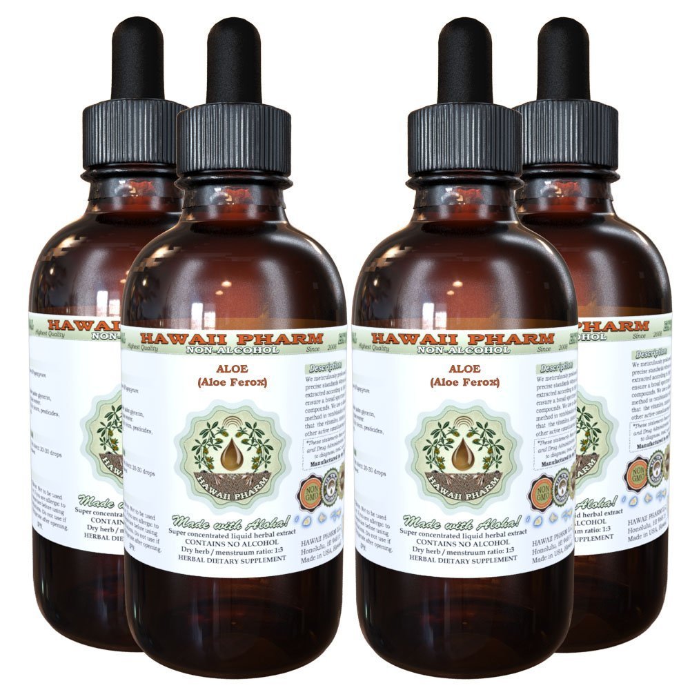 Alcohol-Free Aloe Vera Liquid Extract (Aloe Ferox) - Natural Herbal Supplement by Hawaii Pharm - 4x4 oz - Perfect for Skin Care, Digestion & Immune Support