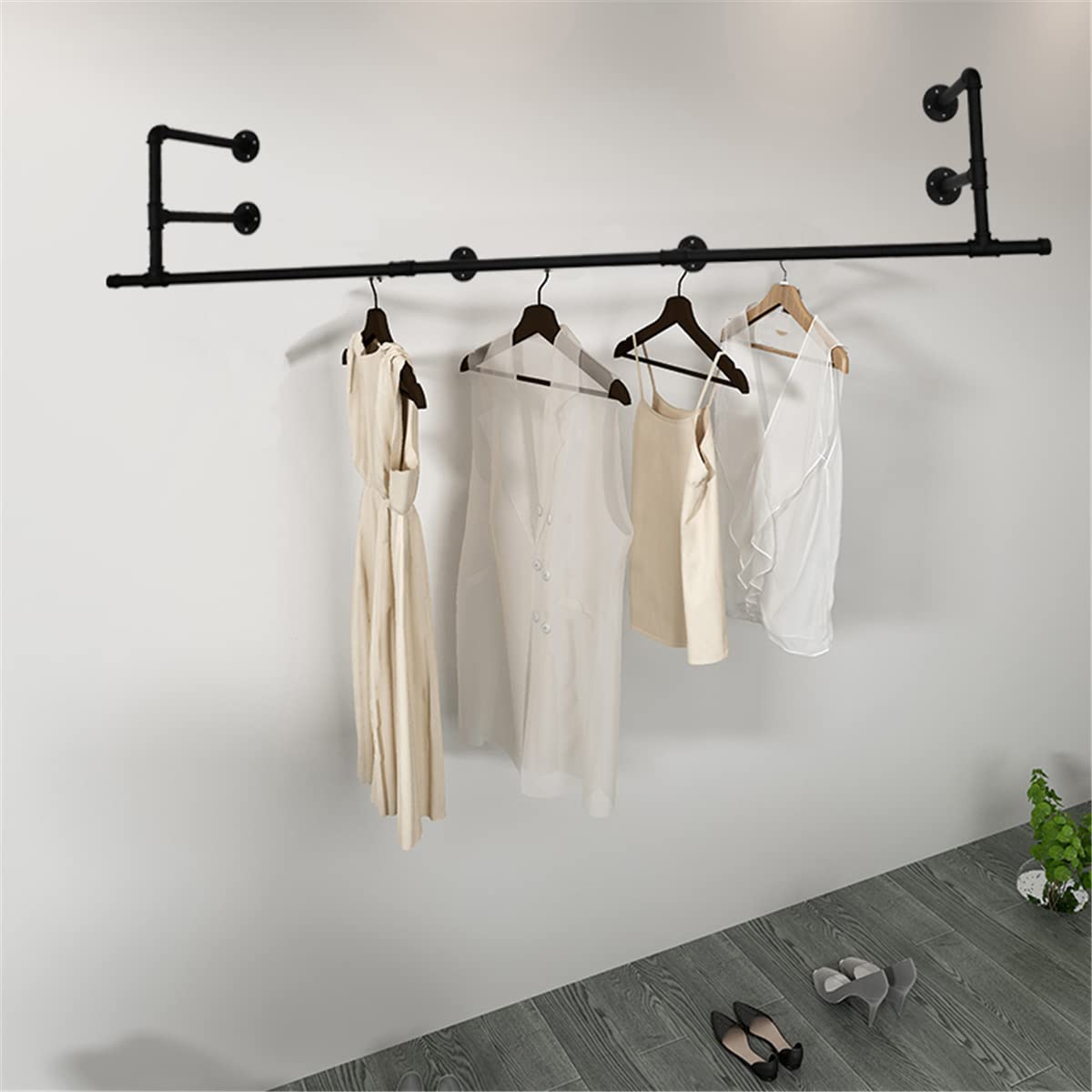 Heavy Duty Industrial Pipe Wall Mounted Garment Rack - 84.6 Inch Detachable Clothes Hanging Rod for Closet, Laundry Room & Retail Display - Multi-Purpose Storage Organization (Black) - Perfect for Small Spaces, Apartment Living & Commercial Use