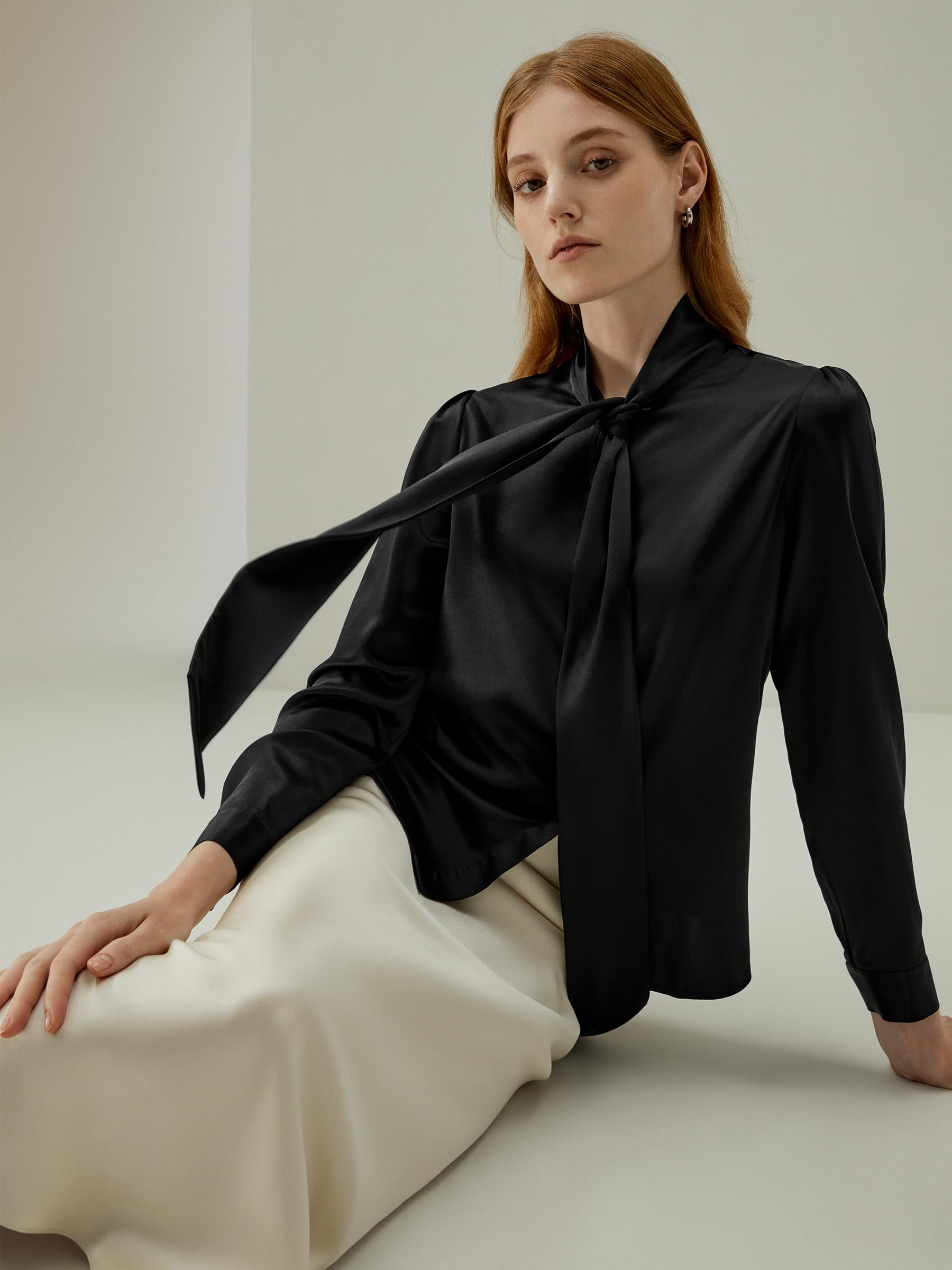 LilySilk Women's Vintage Bow-Tie Neck Silk Blouse - Long Sleeve Button Down Real Silk Shirt for Office, Party & Special Occasions