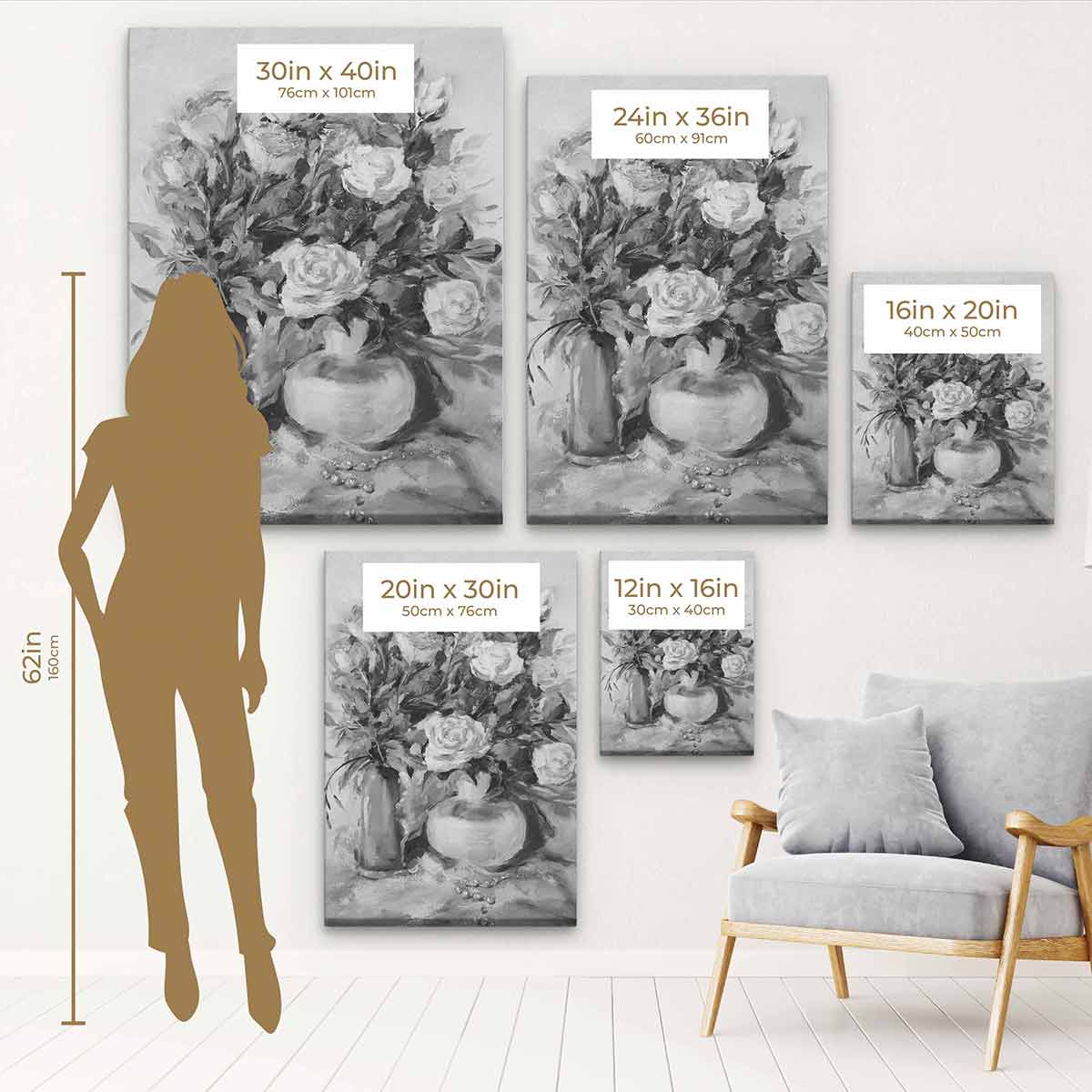 Grey Abstract Roses Wall Art Canvas Print - Modern Home Decor for Living Room, Bedroom & Office - 4091