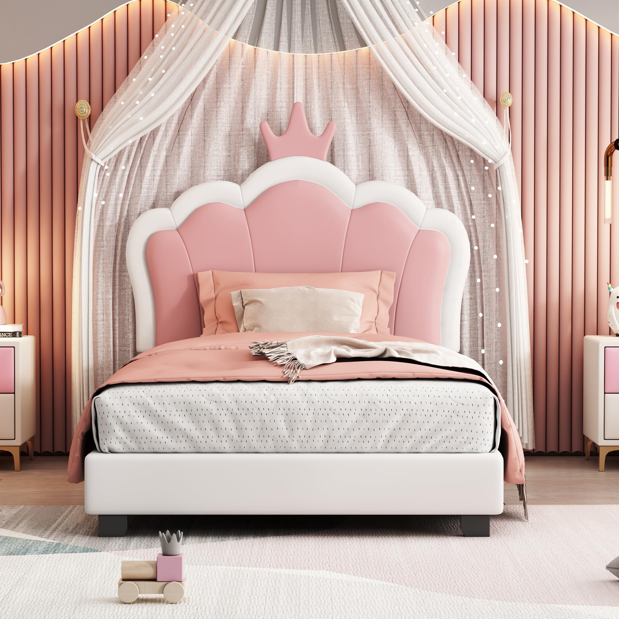 Twin Size Pink Upholstered Princess Bed with Crown Headboard - Elegant Girls Bed Frame for Princess Themed Bedroom Decor | Perfect for Kids' Rooms, Girls' Dormitories & Fairy Tale Bedroom Makeovers