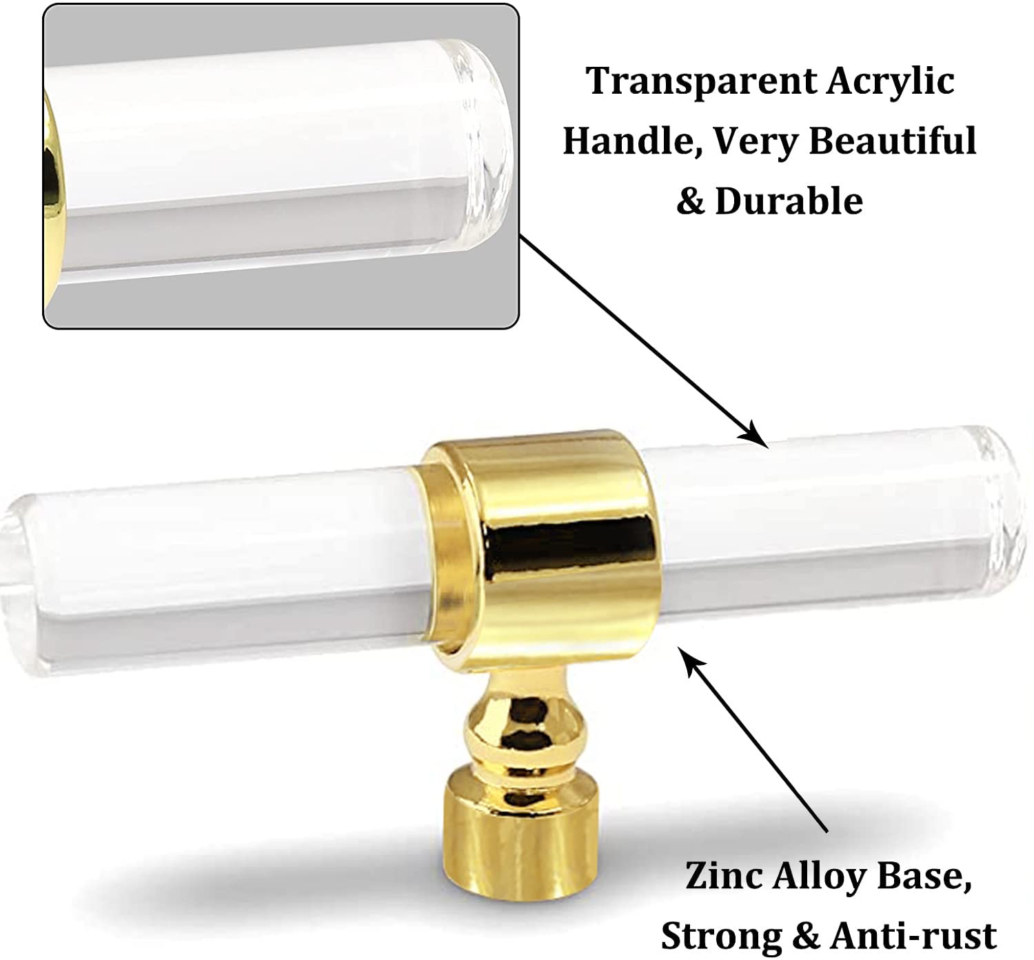 6 Pack Brushed Gold Acrylic Cabinet Knobs - Clear Single Hole T Bar Drawer Pulls for Dresser & Kitchen Cabinets (3.15