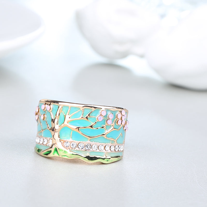 Gold Pink Opal Green Enamel Wide Flower Tree Ring for Women - Vintage Crystal Jewelry for Party, Wedding & Special Occasions