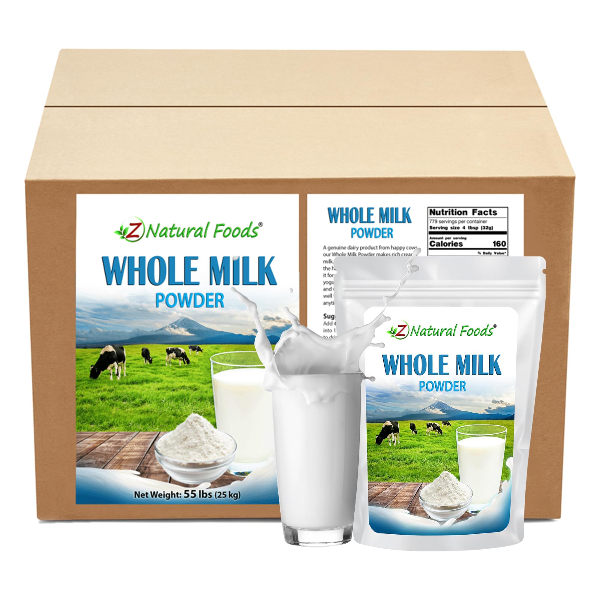 Premium Whole Milk Powder by Z Natural Foods - Non-GMO, Gluten-Free, Kosher-Certified Dry Milk for Baking, Cooking & Beverages - 55 lbs Bulk Powdered Milk for Restaurants, Cafes & Home Use