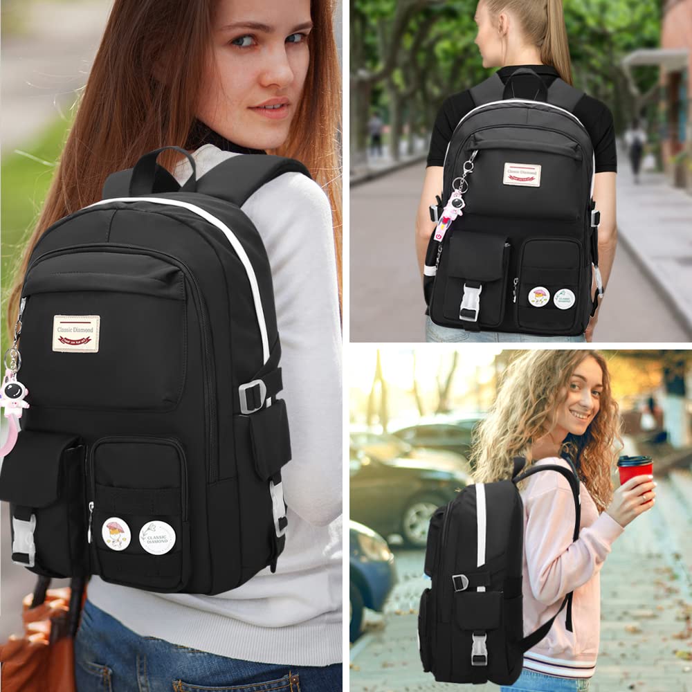 15.6 Inch Laptop Backpack for Women - Waterproof College School Backpack with USB Charging Port, Travel Daypack & Overnight Bag (Black) - Perfect for Work, School, Commuting & Business Trips