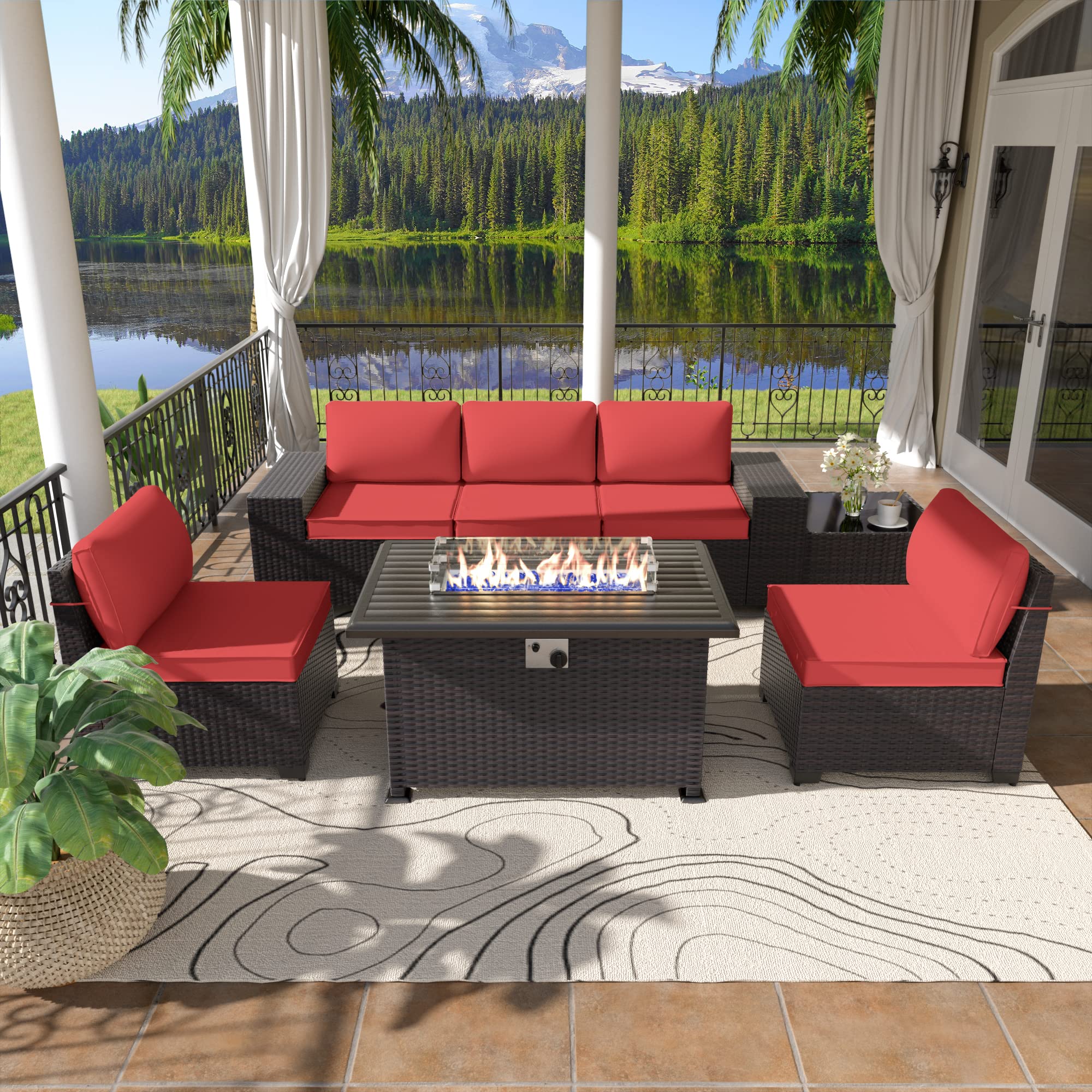 7-Piece Outdoor Patio Furniture Set with Propane Fire Pit Table - Sectional Sofa Set with 43