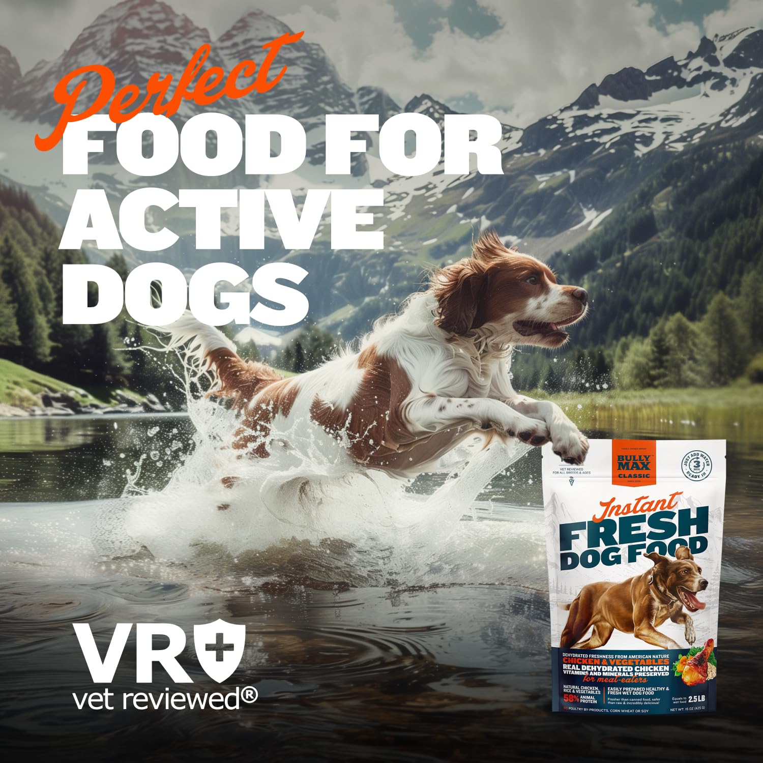 Bully Max Instant Fresh Wet Dog Food - High Protein Dehydrated Raw Dog Food with Natural Chicken Recipe - 15 oz Pouch (Makes 2.5 lbs) - Grain-Free, Vet Recommended for Puppies & Adult Dogs - Perfect for Travel, Camping & Emergency Pet Food Supply