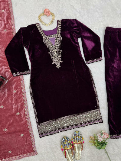 Elegant Wine Red Viscose Velvet Embroidered Suit Set with Rose Pink Dupatta - Perfect for Weddings, Parties & Special Occasions