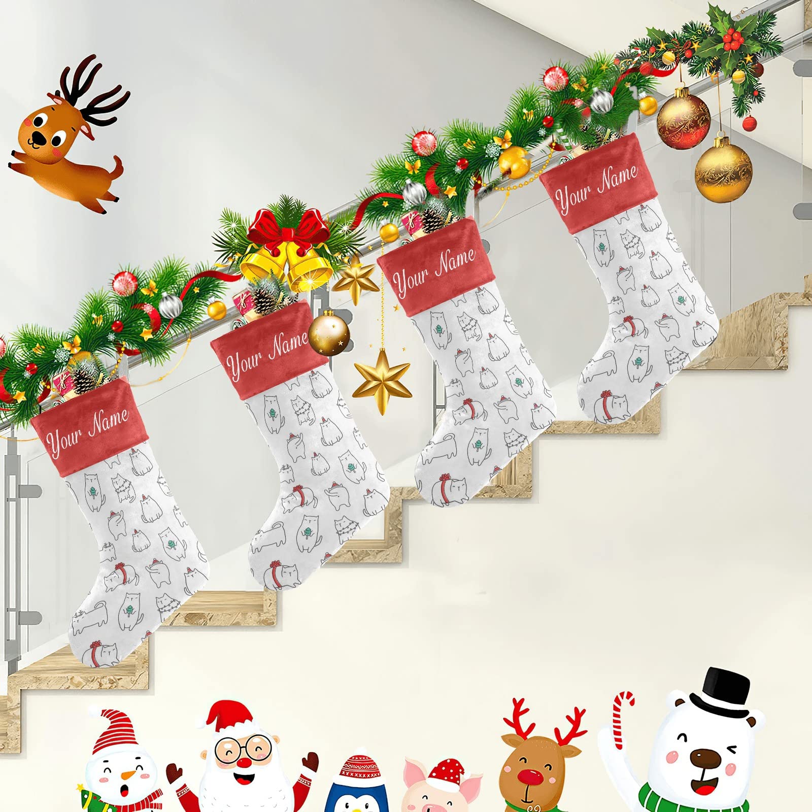 Personalized Christmas Cat Stockings - Custom Name Holiday Socks for Family, Party & Home Decor (17.52 x 7.87 Inch) - Perfect for Fireplace Mantel, Gift Exchange & Festive Holiday Decorations