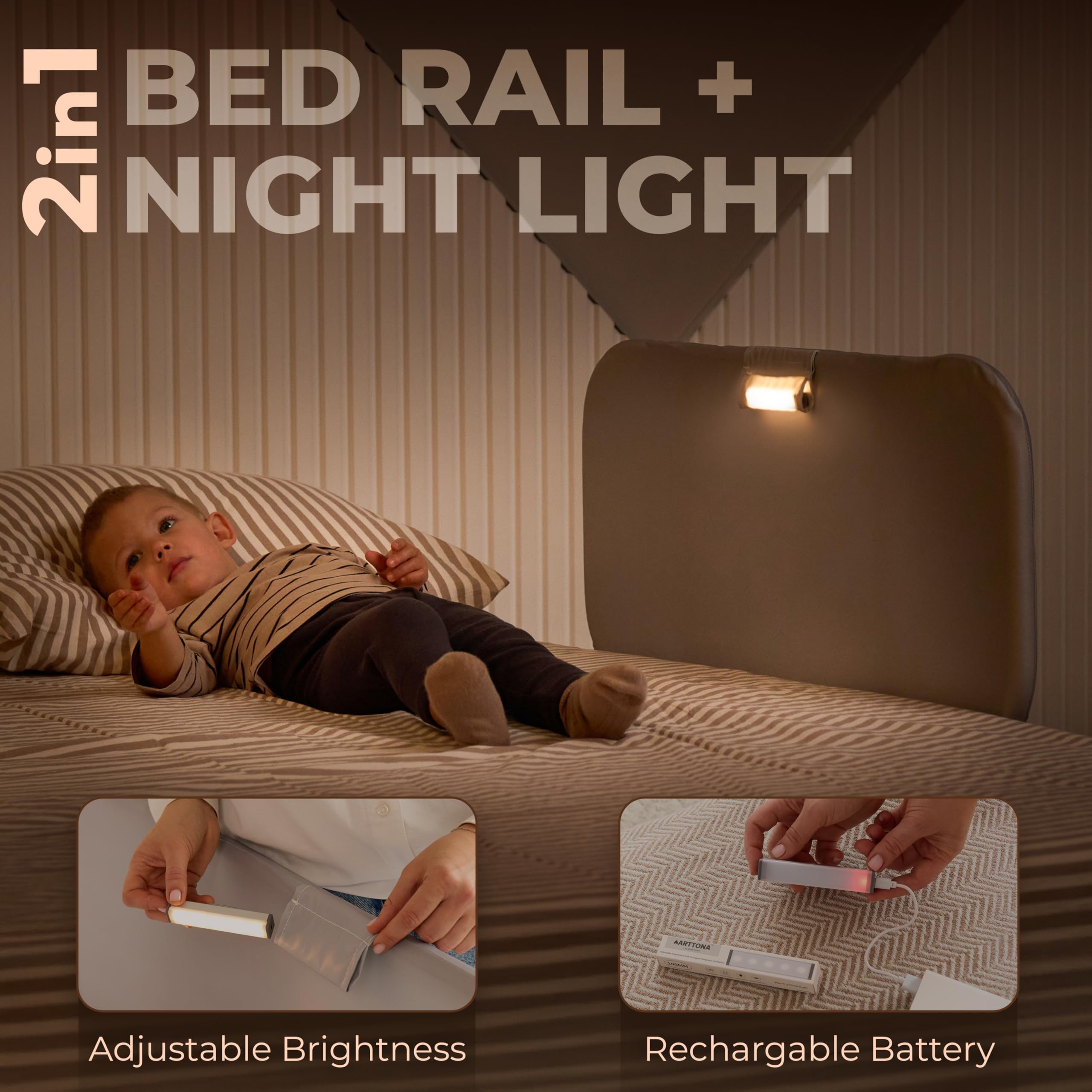 Foldable Toddler Bed Rail with Night Light - Universal Fit for Twin, Full & Queen Size Beds - 32