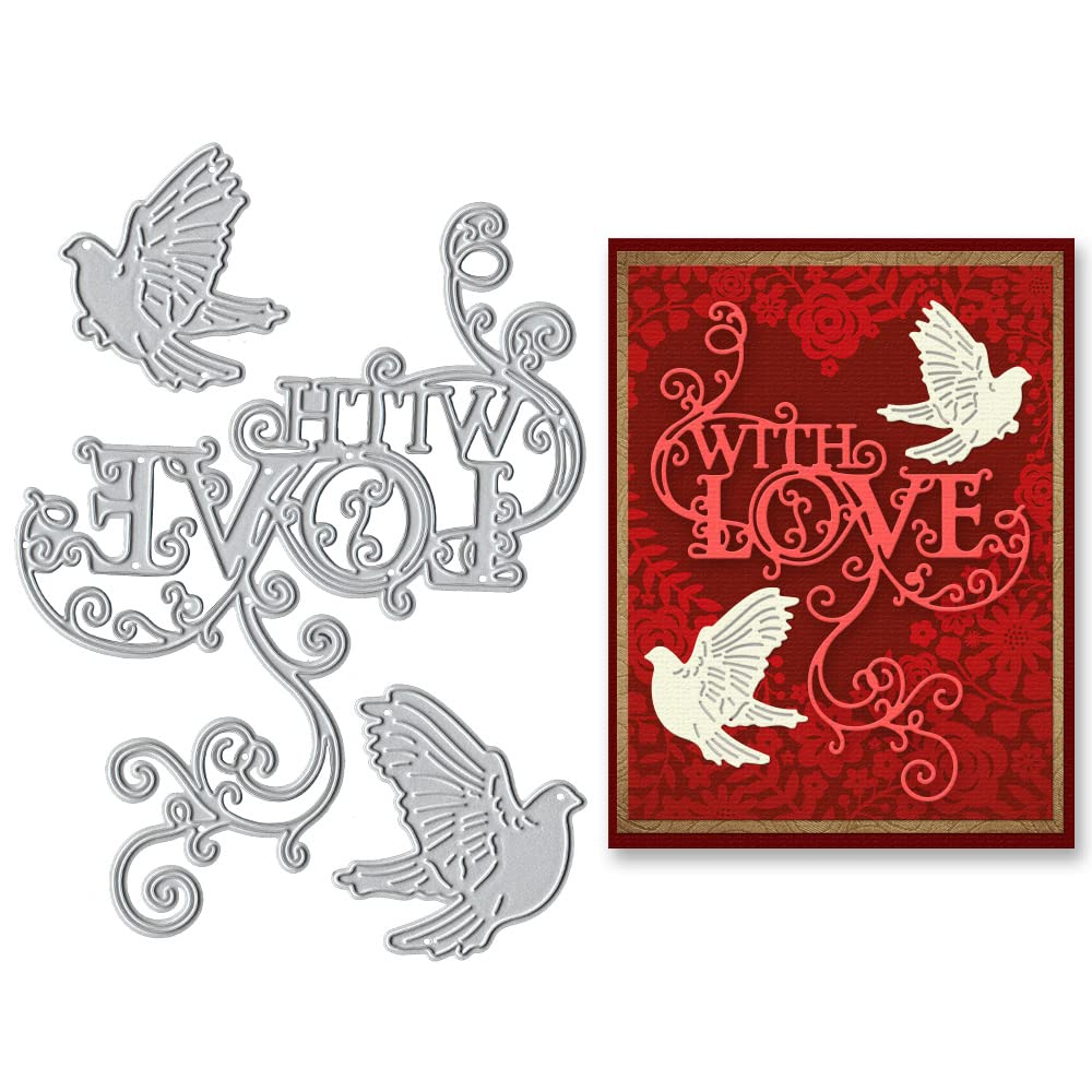 Valentine's Day Metal Cutting Dies - Pigeon Lace Love Words Die Cuts for Card Making, Scrapbooking, Photo Albums | DIY Embossing Stencil Template Tool for Romantic Greeting Cards & Craft Decorations