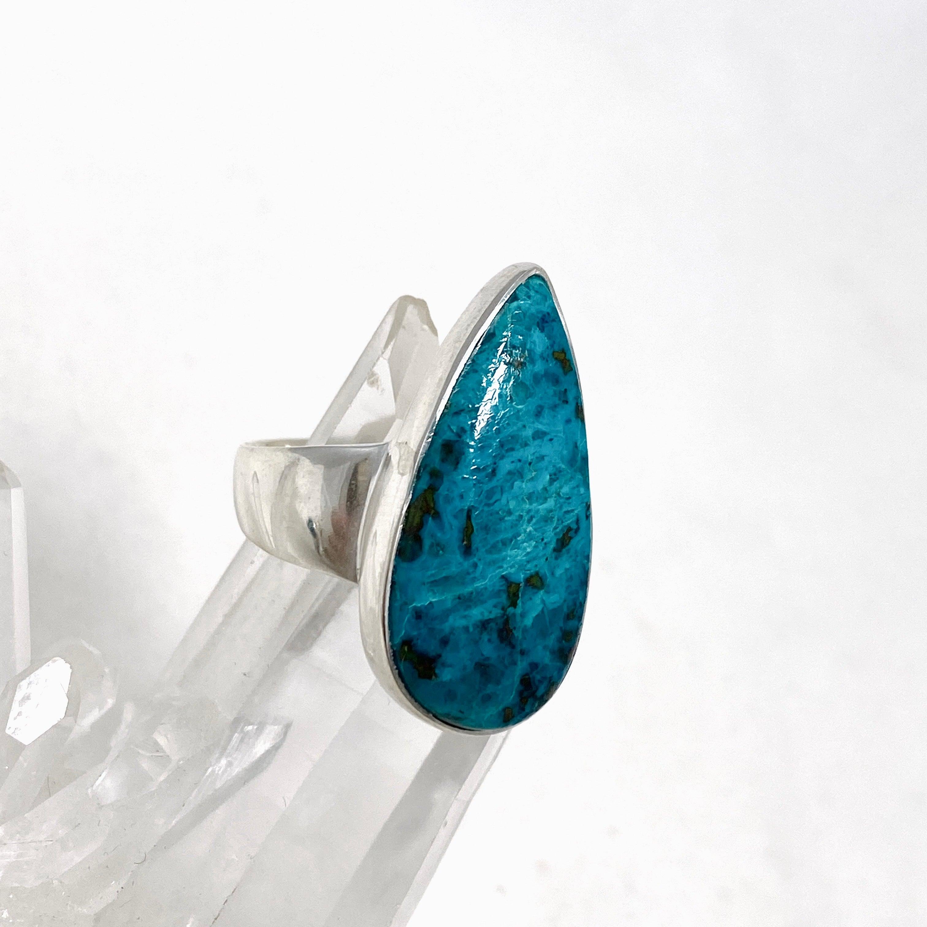 Chrysocolla and Shattuckite Teardrop Ring - Size 10 Sterling Silver Jewelry KRGJ3223 | Healing Crystal Ring for Meditation, Spiritual Gifts & Boho Fashion