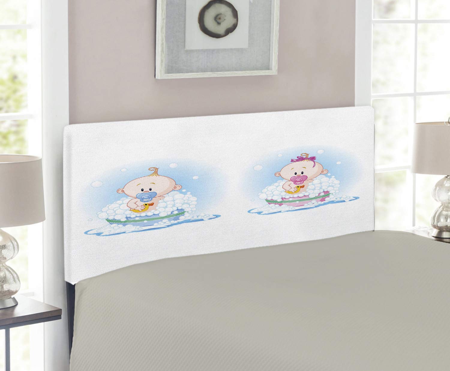 Ambesonne Gender Reveal Headboard - Twin Size Upholstered Metal Bed Frame with Memory Foam, Cute Baby Duck & Bubble Bath Print for Nursery Decor | Perfect for Baby Shower Gifts & Gender Announcement Parties