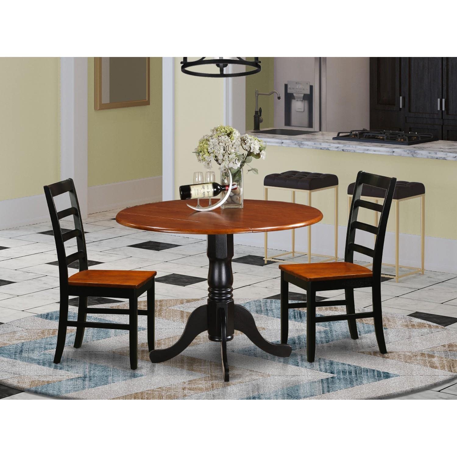East West Furniture 3-Piece Dinette Set for Small Spaces - Round Drop Leaf Dining Table & 2 Chairs, 42x42 Inch, Black & Cherry - Perfect for Apartments, Breakfast Nooks & Cozy Dining Areas