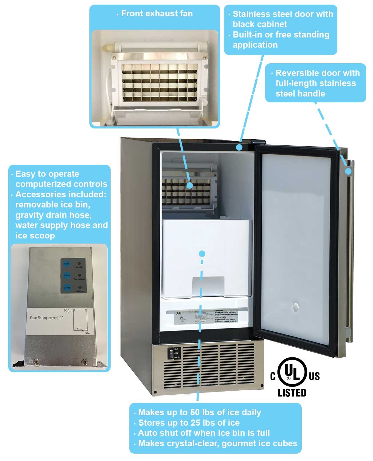 Commercial Grade IM-60YUS Undercounter Ice Maker - 60LBS Daily Output, Energy Efficient, Quiet Operation - Perfect for Restaurants, Bars, Home Kitchens & Office Break Rooms