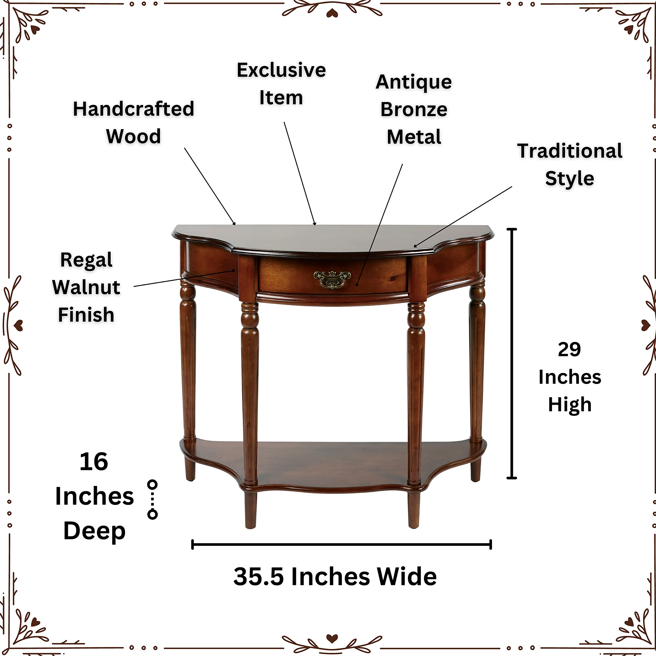 Touch of Class Foster Console Table in Regal Walnut - Traditional Half Moon Shaped Entryway Table - Elegant Hallway & Living Room Display Furniture - Perfect for Foyers, Corridors & Home Decor