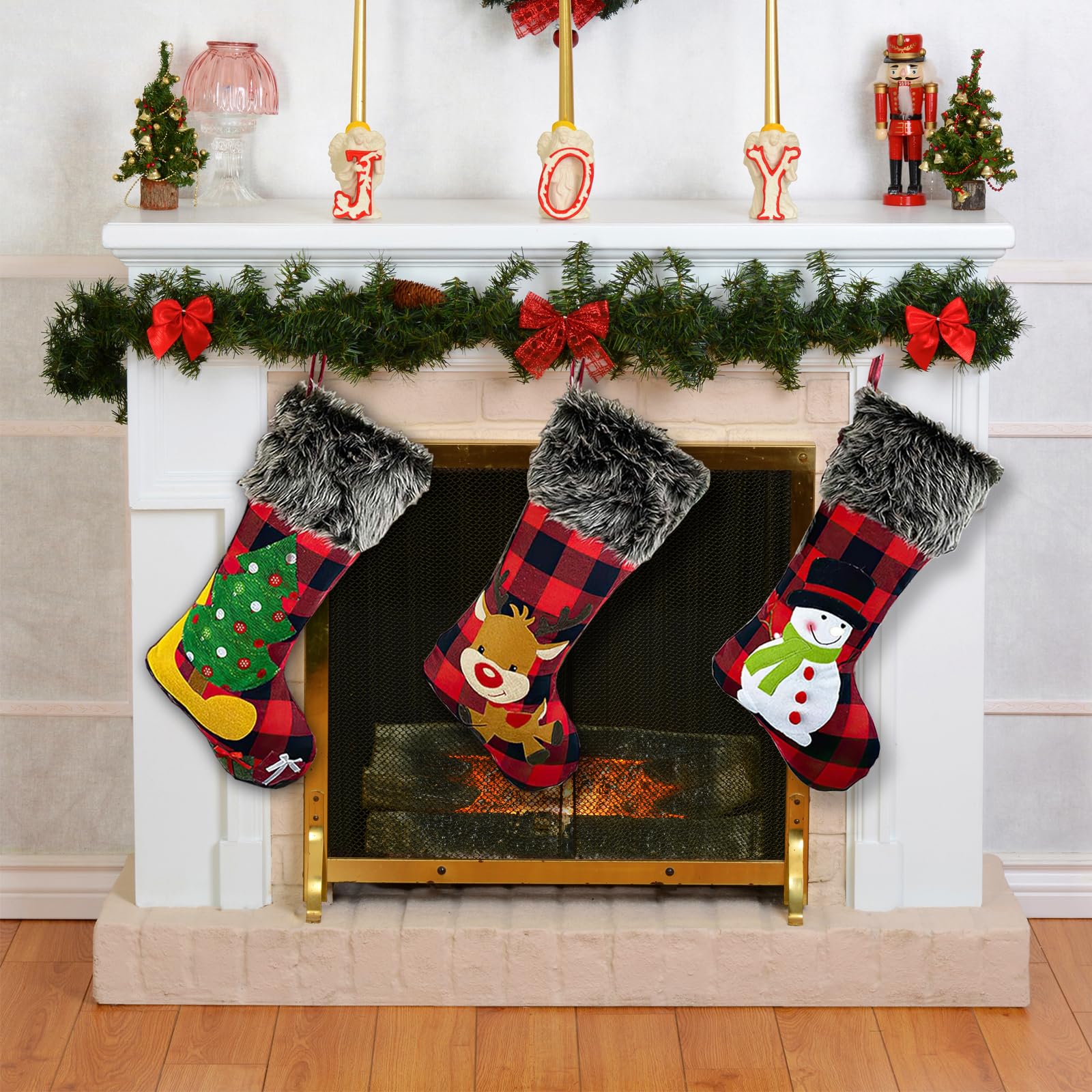 PATYDECRO 3-Pack Christmas Stockings Set - Buffalo Red Plaid with Soft Faux Fur, Large Xmas Stockings for Fireplace Hanging, Family Holiday Decorations | Perfect for Christmas Tree, Mantel Decor & Gift Exchange Parties
