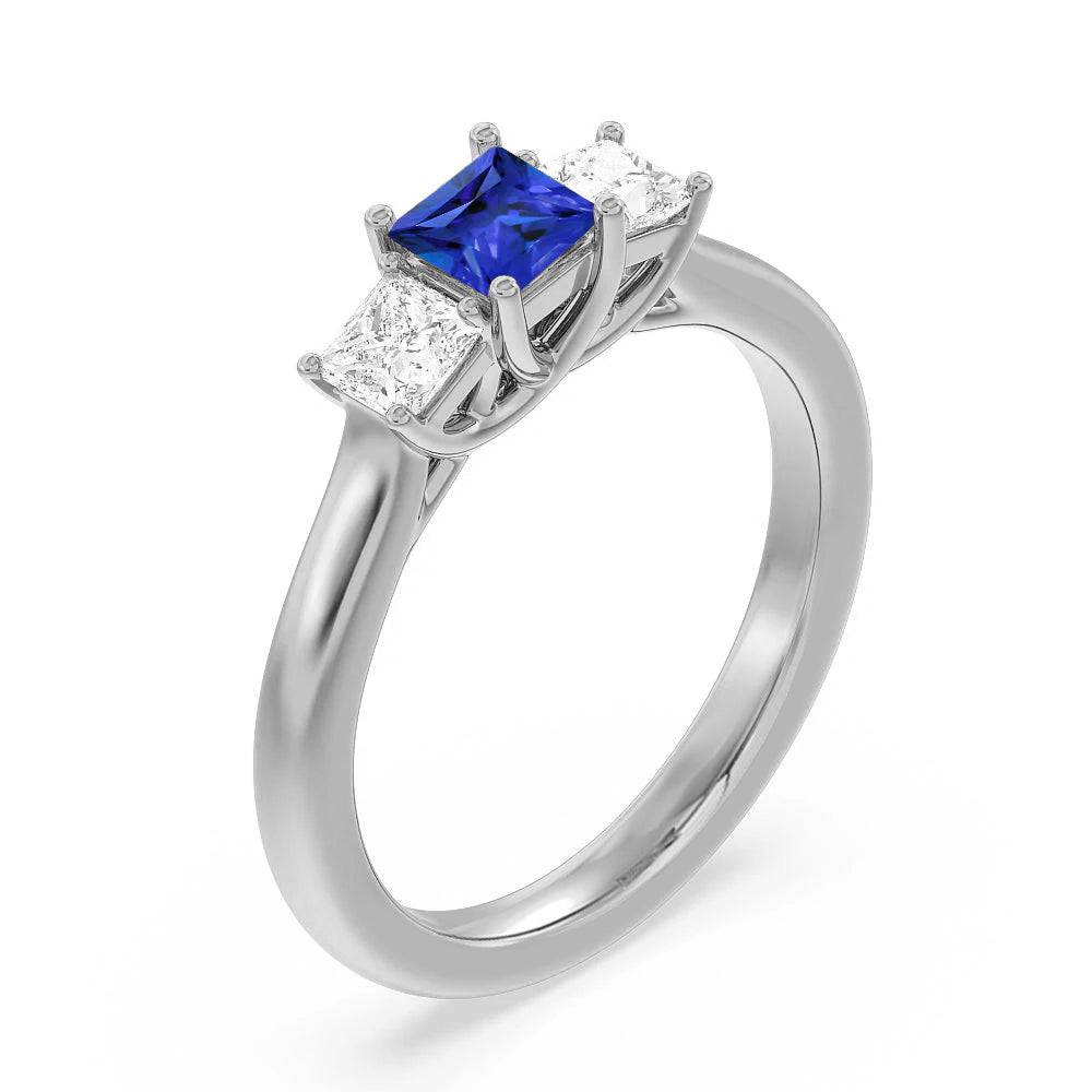 Lab Grown Sapphire & Princess Cut Diamond Three Stone Engagement Ring – Elegant Wedding Band, Anniversary Gift for Her, Perfect for Proposals & Special Occasions