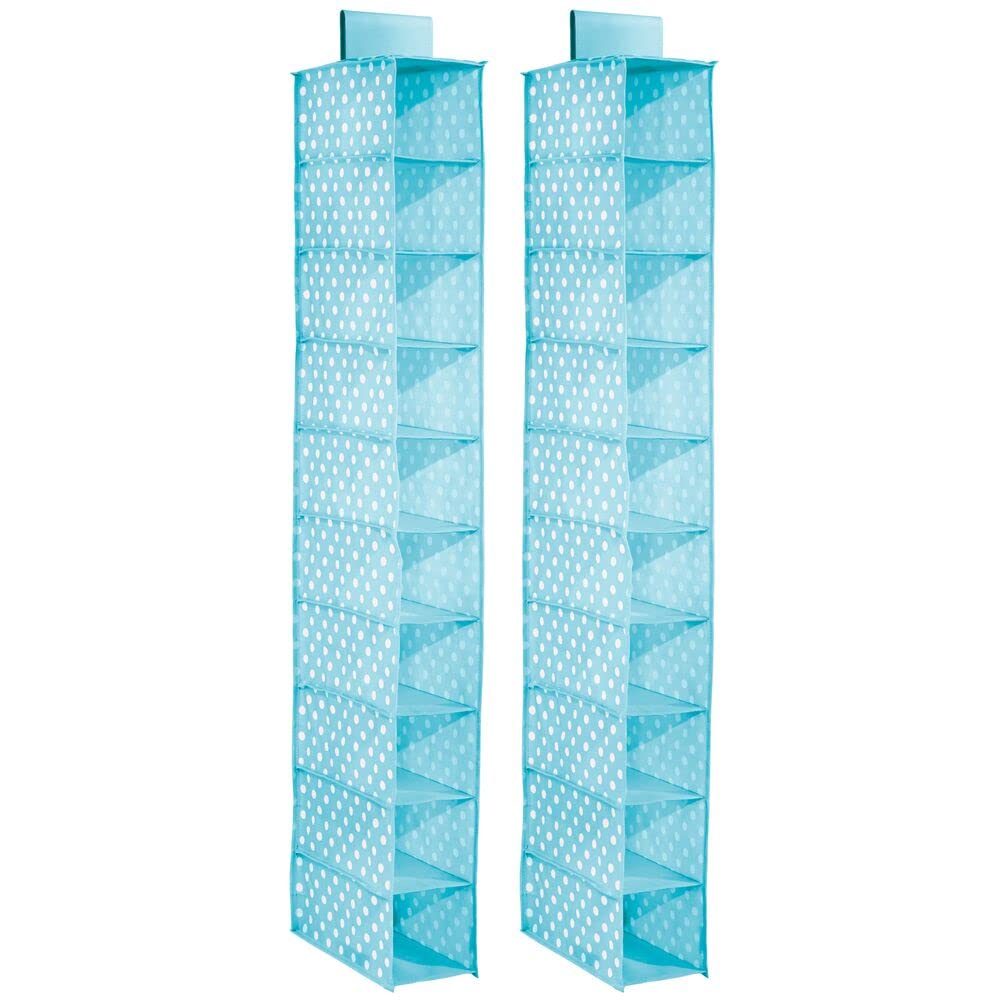 mDesign 10-Shelf Fabric Closet Organizer for Kids Room & Nursery - Soft Hanging Storage with Polka Dot Print, 2-Pack (Turquoise Blue & White Dots) - Perfect for Baby Clothes, Toys & Accessories Organization
