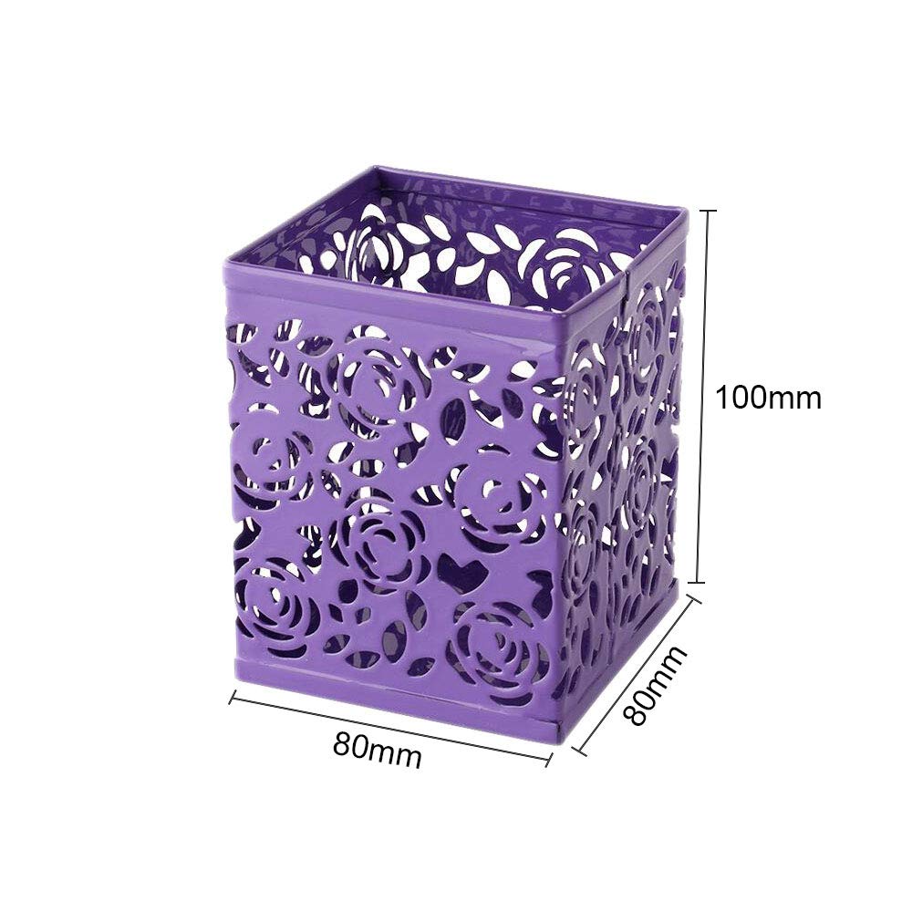 Elegant Hollow Rose Flower Pattern Square Pen Holder - Purple Desktop Stationery Organizer for Pencils, Rulers & Office Supplies | Perfect for Home, Office & School Desks