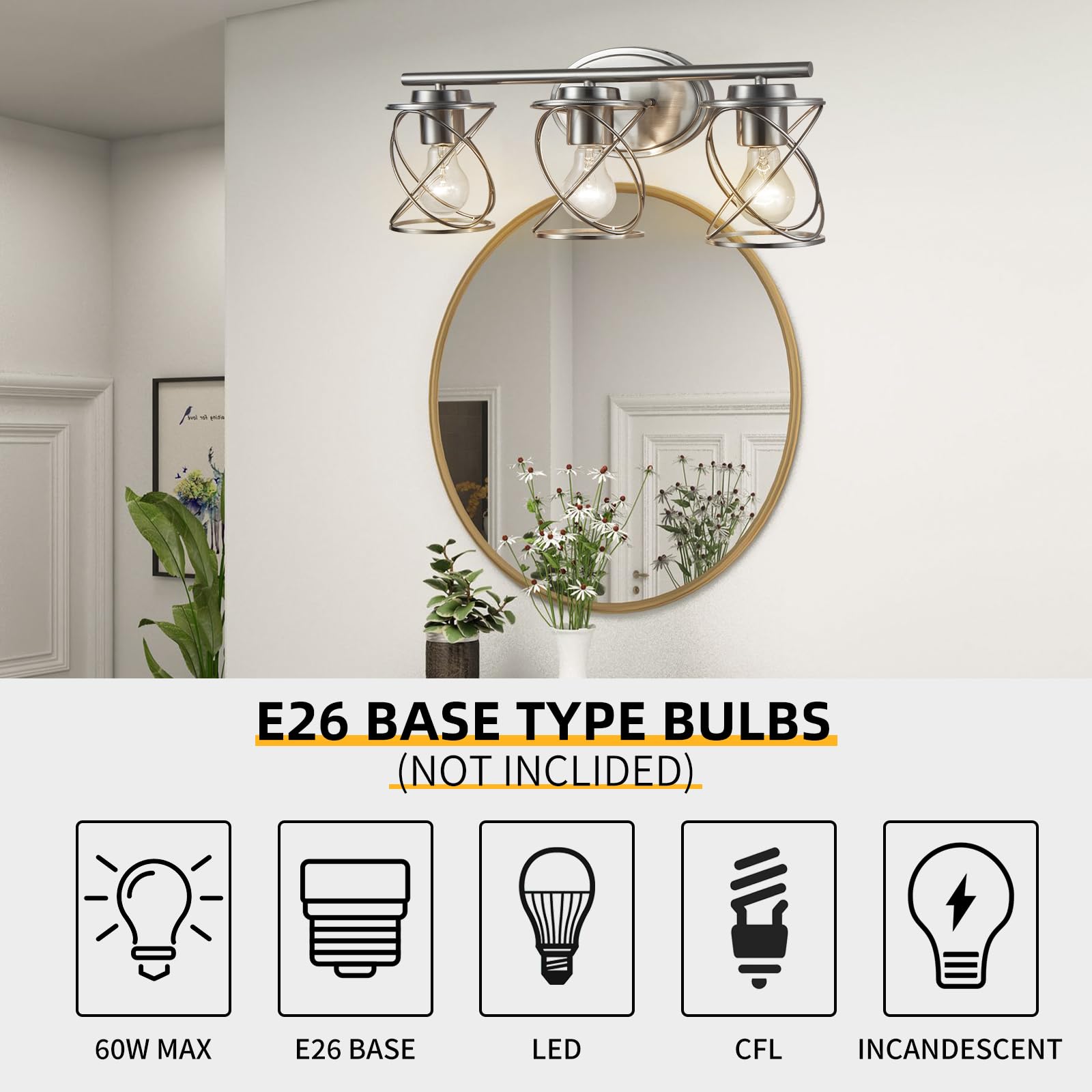 3-Lights Bathroom Vanity Lighting Fixtures - Brushed Nickel Farmhouse Wall Sconce with Clear Glass Shade - Perfect for Mirror Lighting in Bathroom, Kitchen, Bedroom and Dressing Room