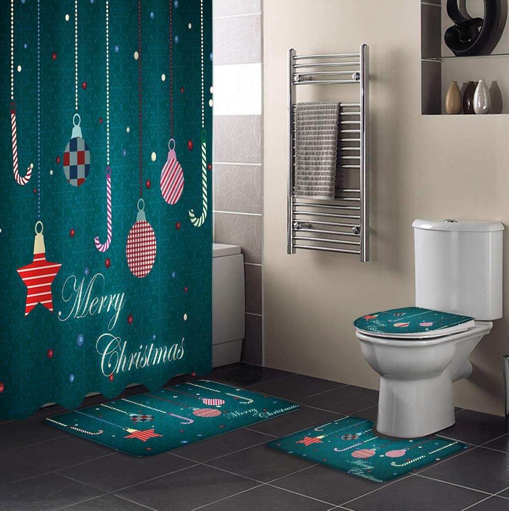 4PCS Non-Slip Bathroom Mat Set - Christmas Balloon Star Snowflake Decor for Shower, Toilet & Bath - Water Absorbent Bath Mats, Shower Curtain & Toilet Seat Cover - Perfect for Holiday Home Decor & Gift Giving