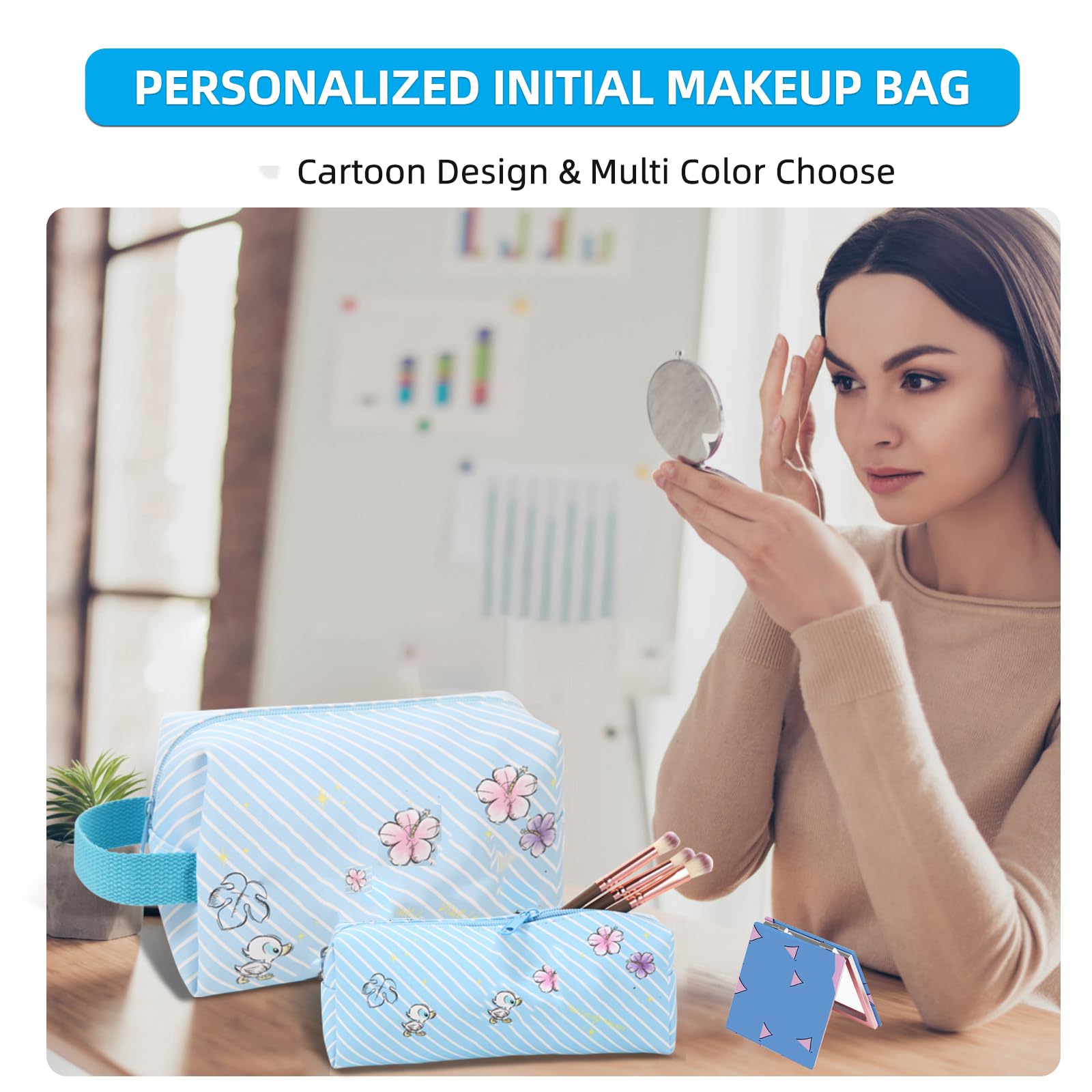 Premium Travel Cosmetic Bag with Double-Sided Mirror & Makeup Brush Pouch - Large Capacity PU Leather Toiletry Organizer for Women | Perfect Gift for Her, Girls, Teens | Ideal for Travel, Gym, Vacation & Daily Makeup Storage (Blue)