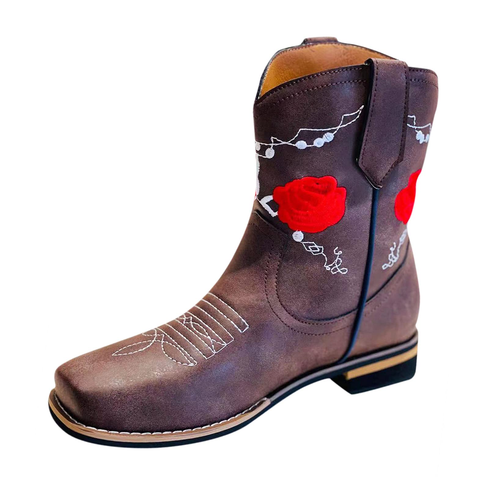 LLXIAO Women's Western Boots - Rose Flower Embroidery Cowboy Boots with Chunky Heel & Square Toe | Mid Calf Pull On Boots for Country Style, Rodeo & Fashion Outfits