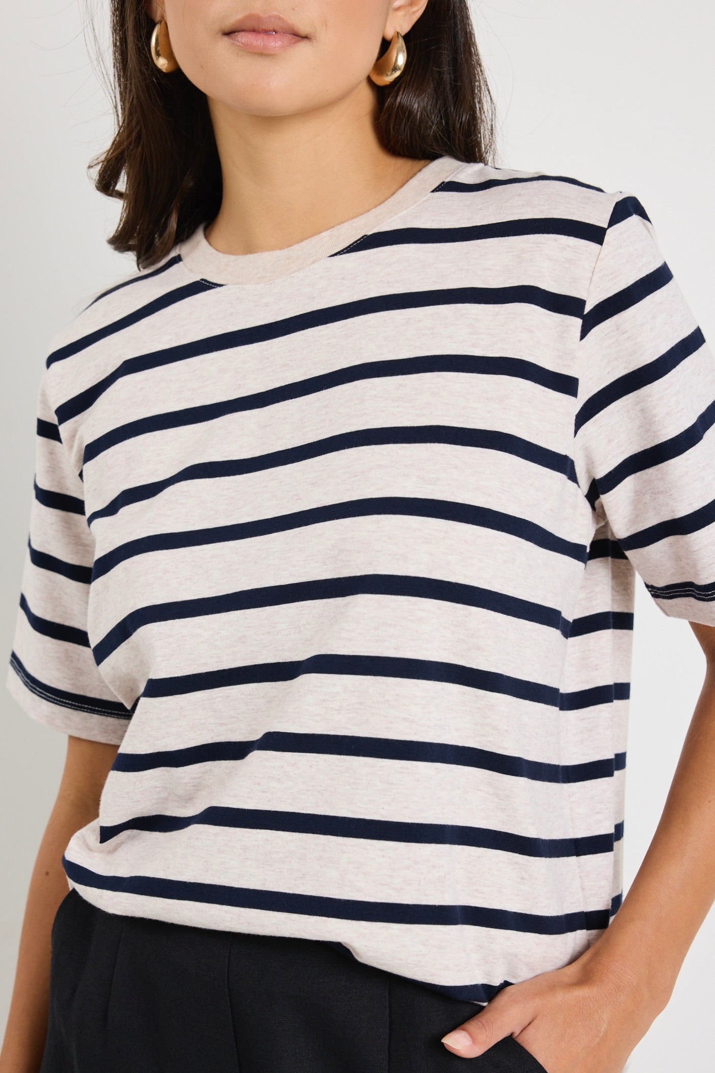 Stylish Ecru Navy Stripe Boxy Fit Tee - Casual Loose Fit Cotton T-Shirt for Women | Perfect for Everyday Wear, Weekend Outings & Layering