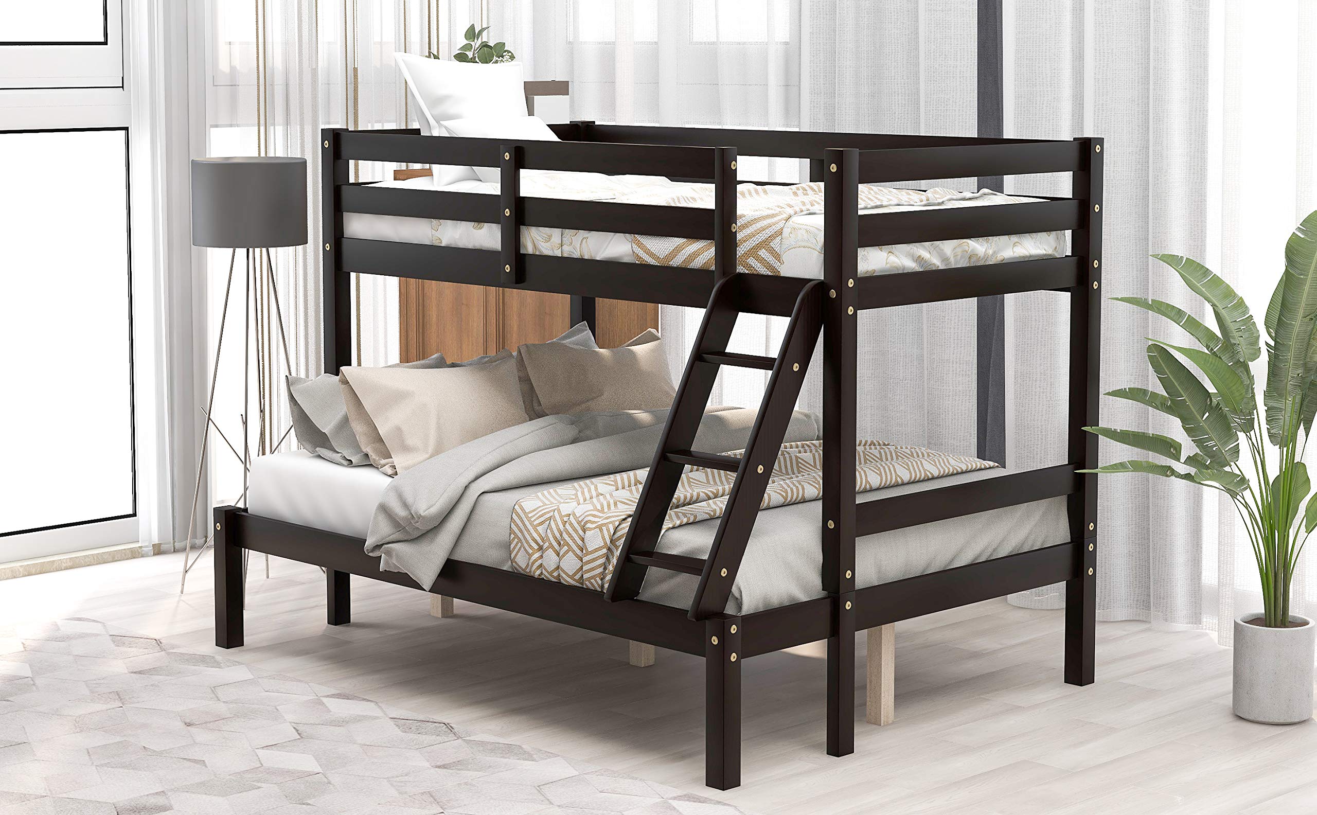 Twin Over Full Bunk Bed with Guardrail & Ladder - Solid Wood Convertible Bunk Bed for Kids & Teens | Separates into Twin Loft Bed & Full Size Bed | Wood Slat Support (No Box Spring Needed) | Espresso Finish | Perfect for Small Bedrooms, Guest Rooms & Vacation Homes