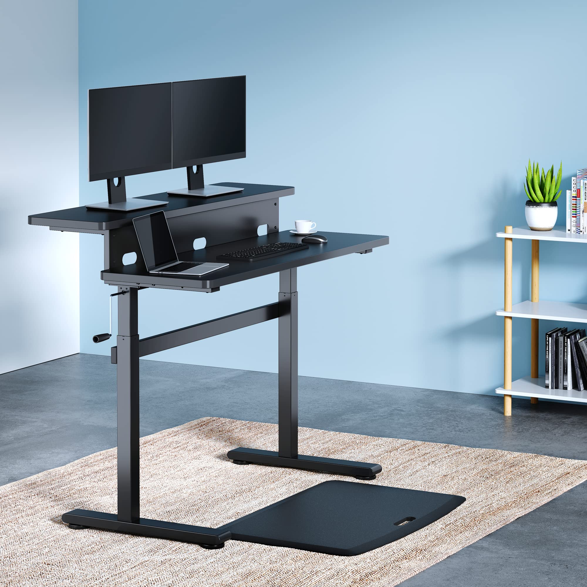 Tranzendesk 55 Inch Dual Level Standing Desk with Shelf - Adjustable Height Crank Sit Stand Workstation for Home & Office | Ergonomic Monitor Riser | Perfect for Remote Work, Gaming & Study (Black, 55in)