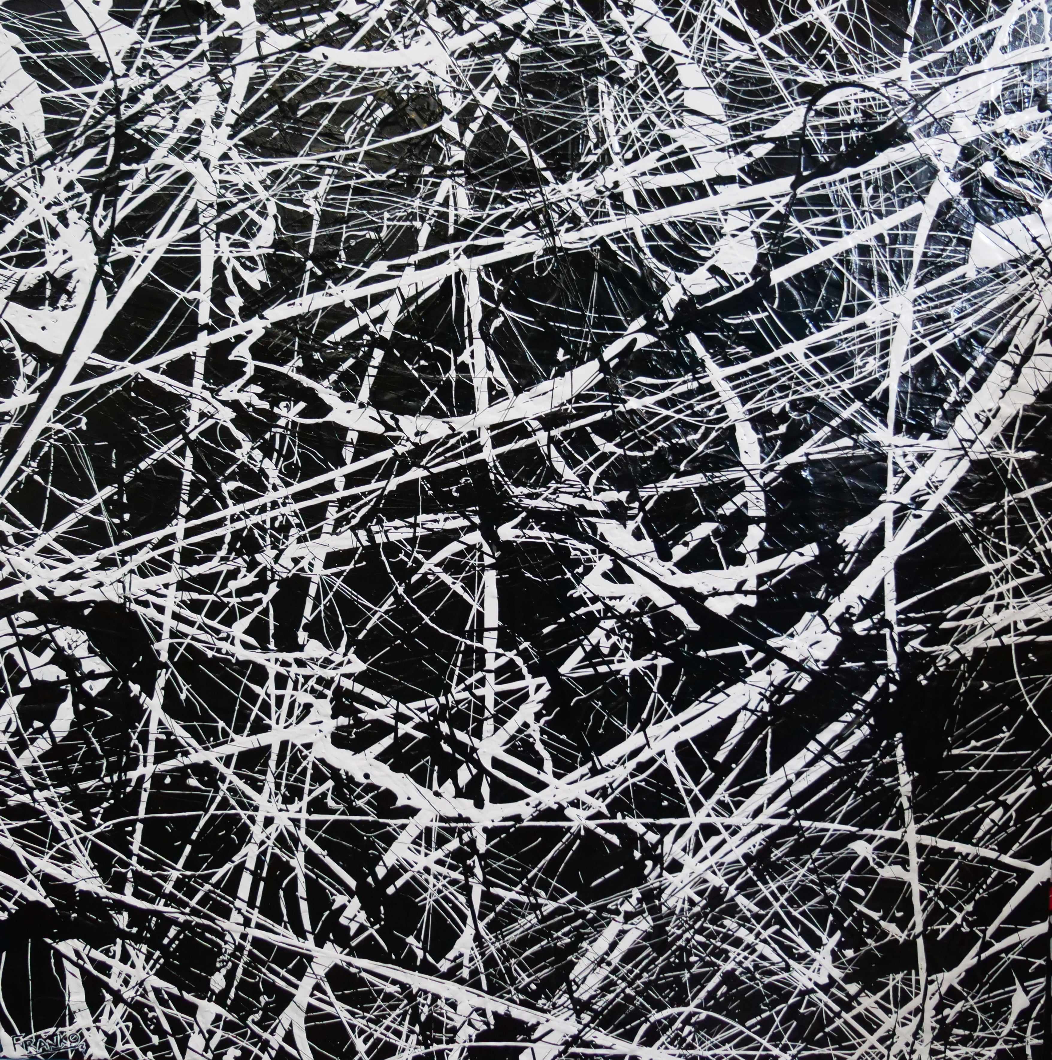 Scatter Brain Abstract Painting 150cm x 150cm - Black & White Textured Canvas Art for Modern Living Room & Office Wall Decor