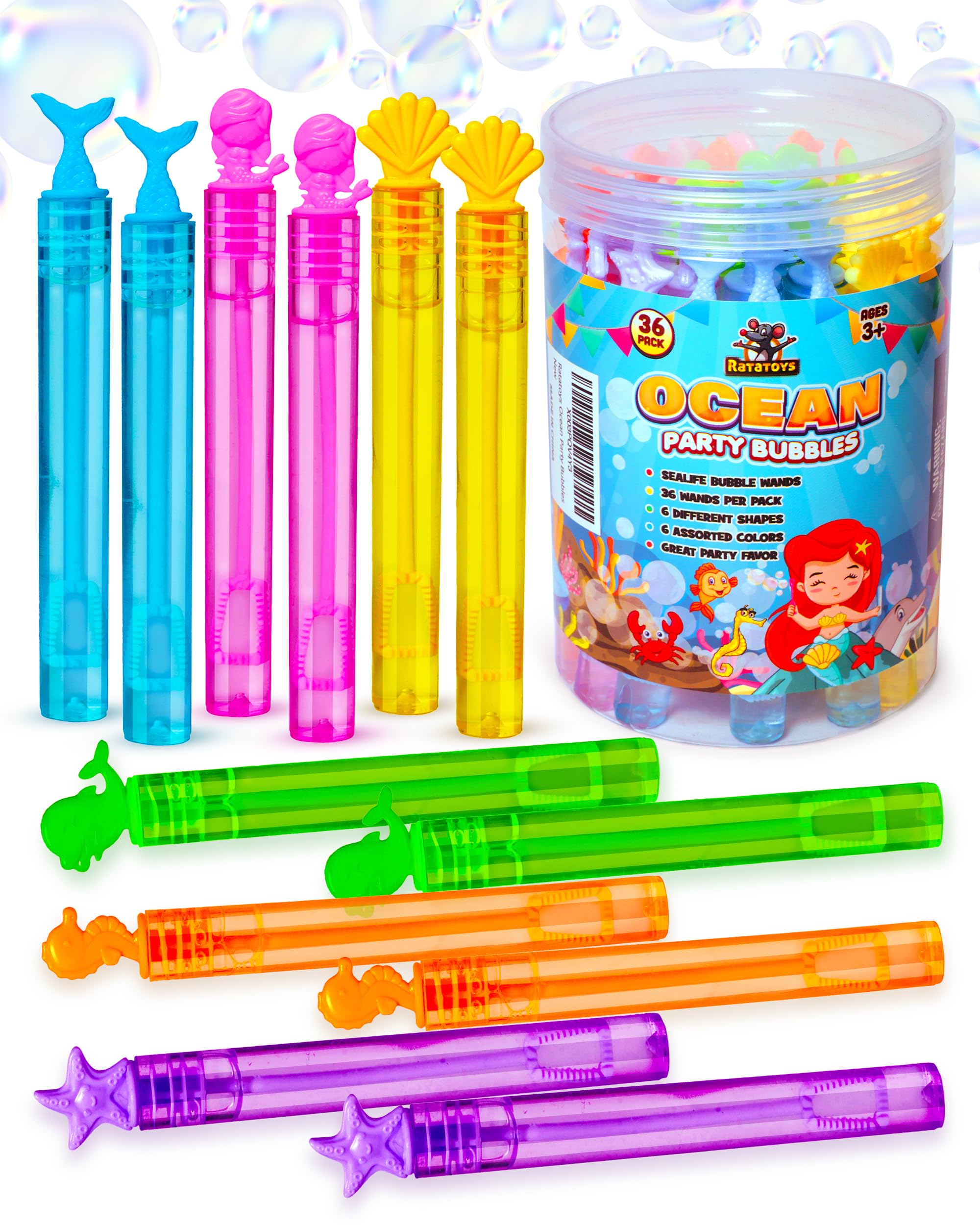 Ocean Party Bubbles for Kids - 36 Pack Sea Life Bubble Wands with Mermaid & Marine Animal Shapes | Non-Toxic Bubble Solution | Perfect for Birthday Parties, Beach Themes & Outdoor Play | Fun Party Favors for Boys & Girls Ages 3+