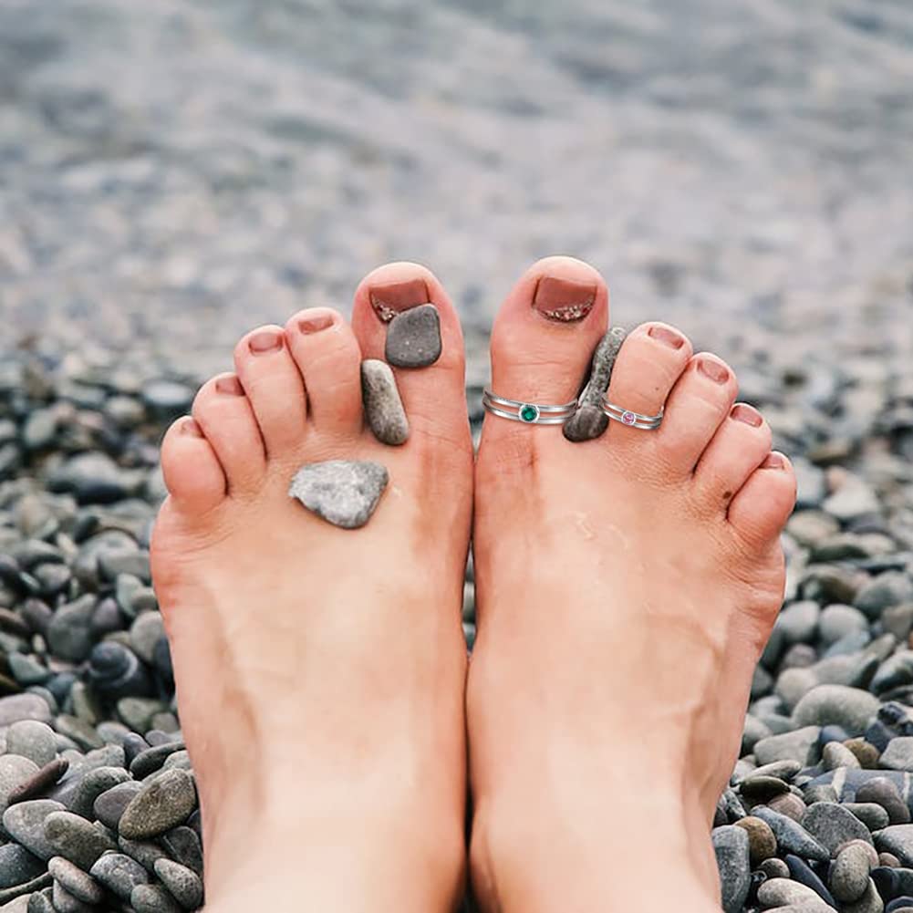 Adjustable Sterling Silver Toe Rings for Women with Birthstones - Minimalist Summer Jewelry for Beach Vacations, Pedicures & Boho Fashion
