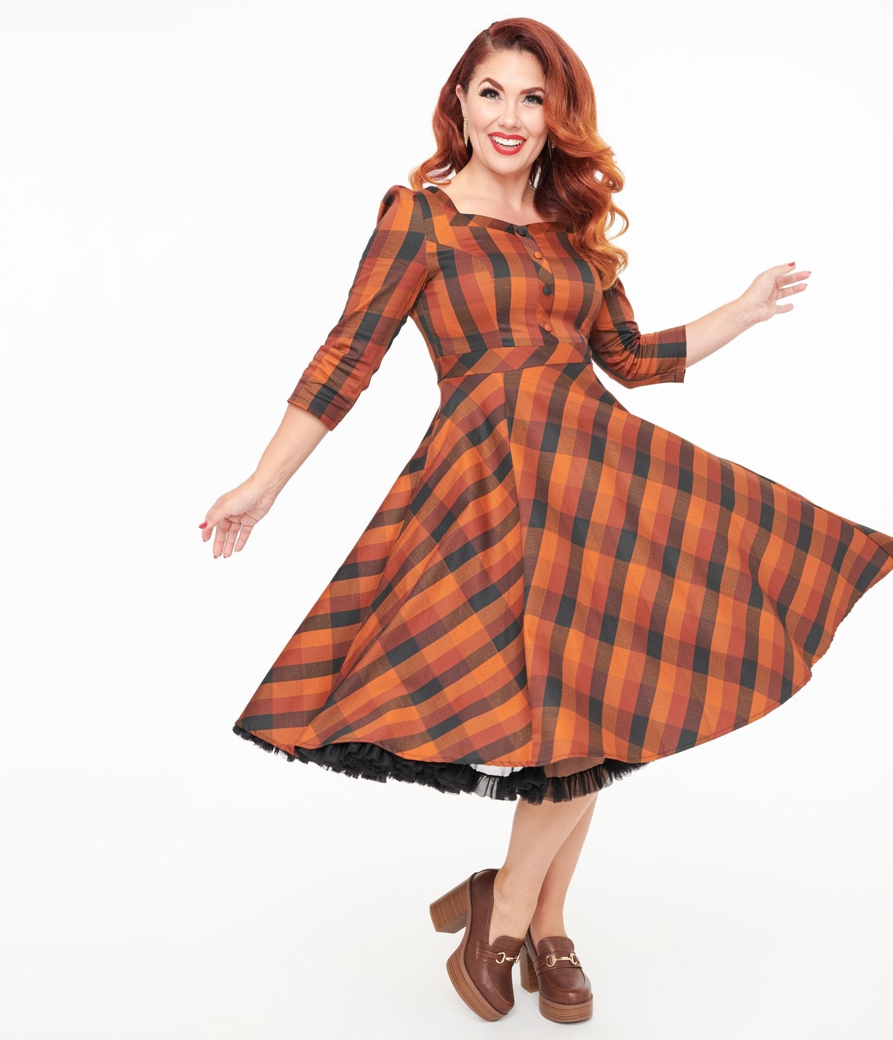 Hearts & Roses Brown & Orange Check Caitlin Swing Dress - Vintage Floral Print Women's Summer Dress for Casual Outings & Date Nights
