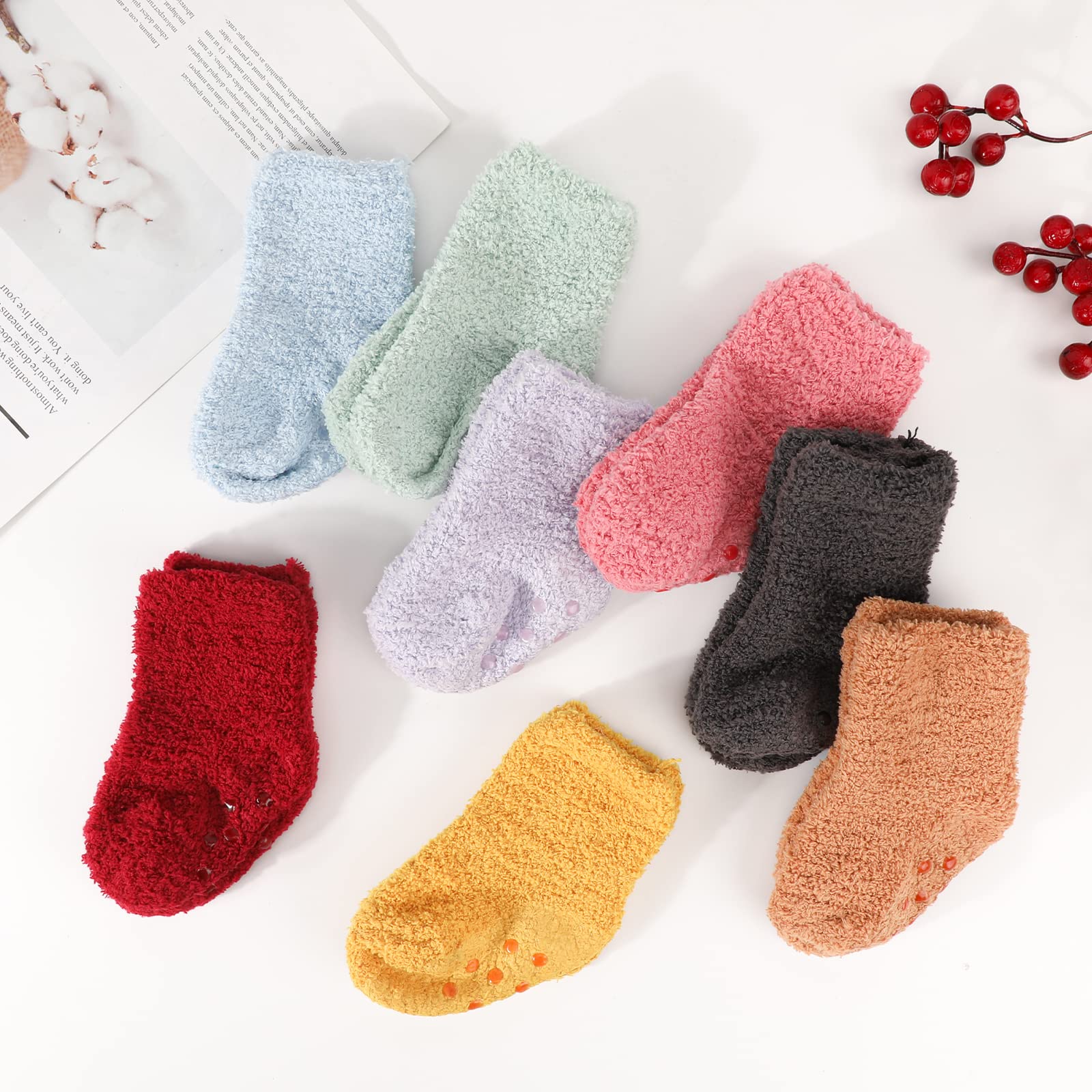 QKURT 8 Pairs Non-Slip Baby Socks - Soft Thermal Winter Socks for Boys & Girls 0-24 Months | Warm Cozy Sleeping Socks for Infants & Toddlers | Perfect for Indoor Play, Nursery & Cold Weather Outings