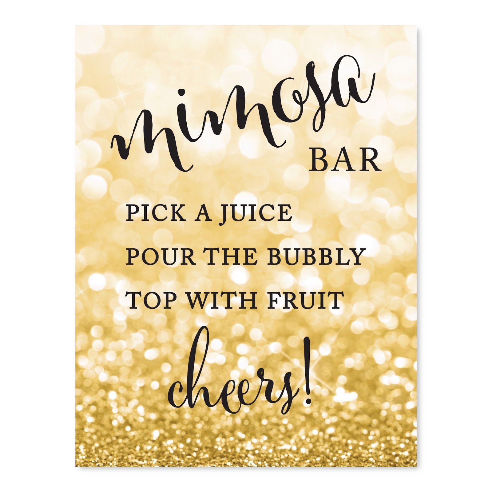 Glitzy Gold Glitter Wedding Party Signs - 8.5x11 Inch DIY Mimosa Bar Sign with 'Pick a Juice, Pour Bubbly Champagne, Top with Fruit' Design - Perfect for Bridal Showers, Receptions & Dessert Tables (1-Pack)