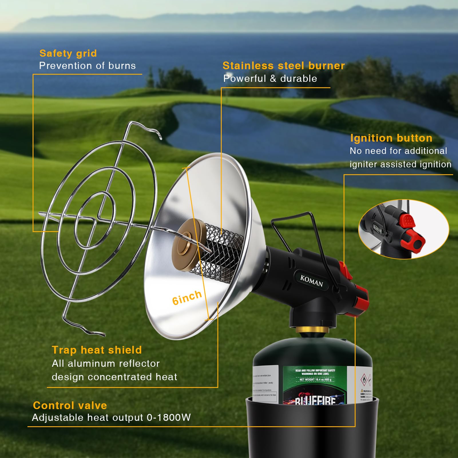 Portable Propane Golf Cart Heater with Cup Holder - Self-Ignition, Cordless & Safe - Compatible with EZGO, Yamaha, Club Car (Fuel Not Included) | Perfect for Winter Golfing, Camping & Outdoor Activities