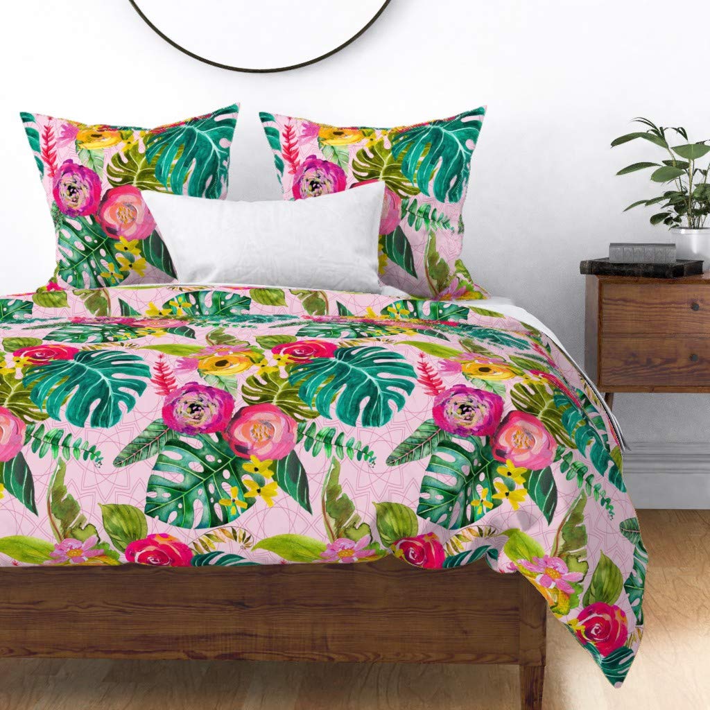 Premium Cotton Sateen Duvet Cover Twin Size - Tropical Monstera Green & Pink Jungle Bohemian Floral Boho Design | Soft Breathable Bedding Set for Guest Room, Dorm or Boho Chic Bedroom Decor