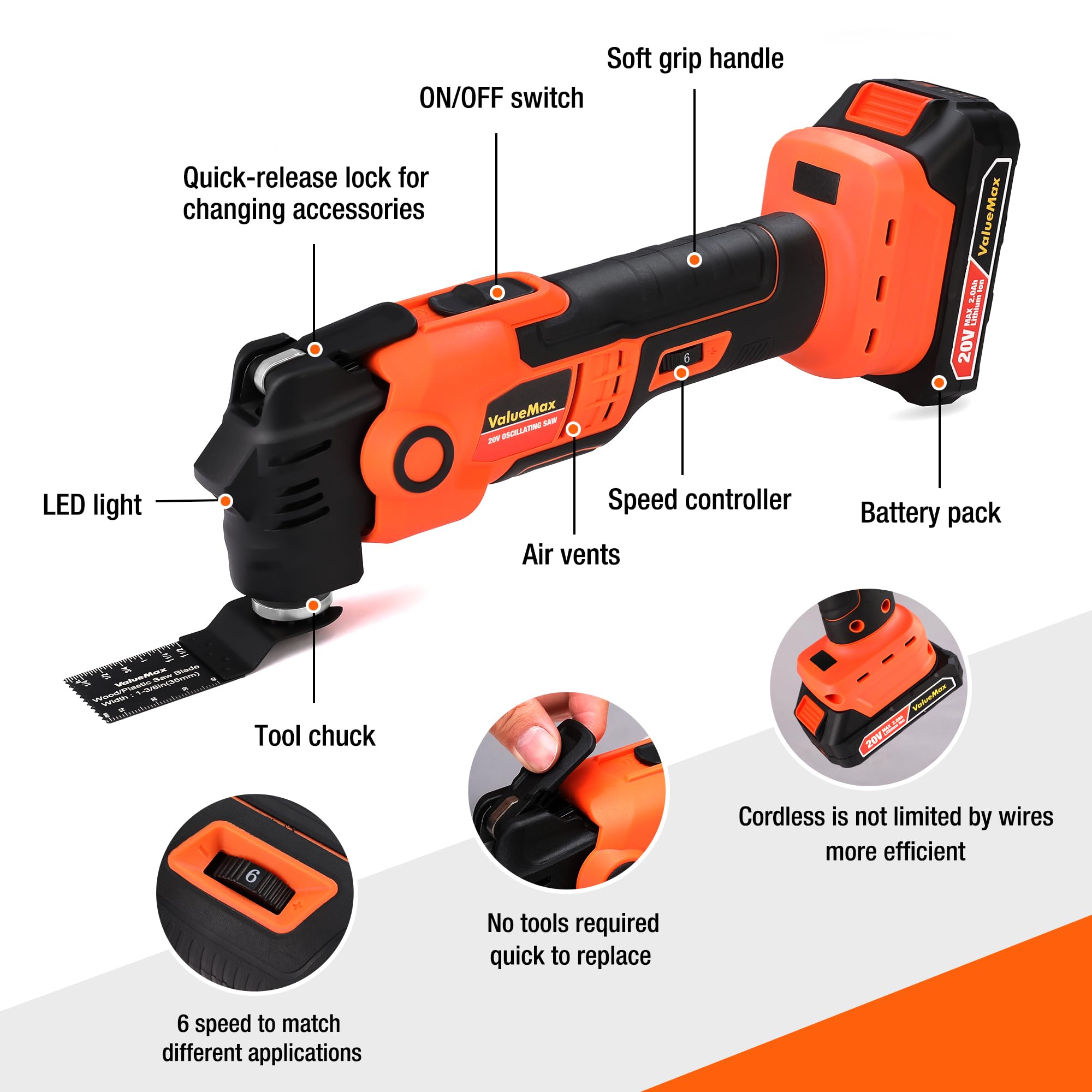 ValueMax 20V Cordless Oscillating Multi Tool Kit with 3.6° Oscillation Angle & 6 Speed Settings - Includes Quick-Change System, 16PCS Saw Blades & Carrying Case - Perfect for DIY Projects, Woodworking, Metal Cutting & Home Renovations