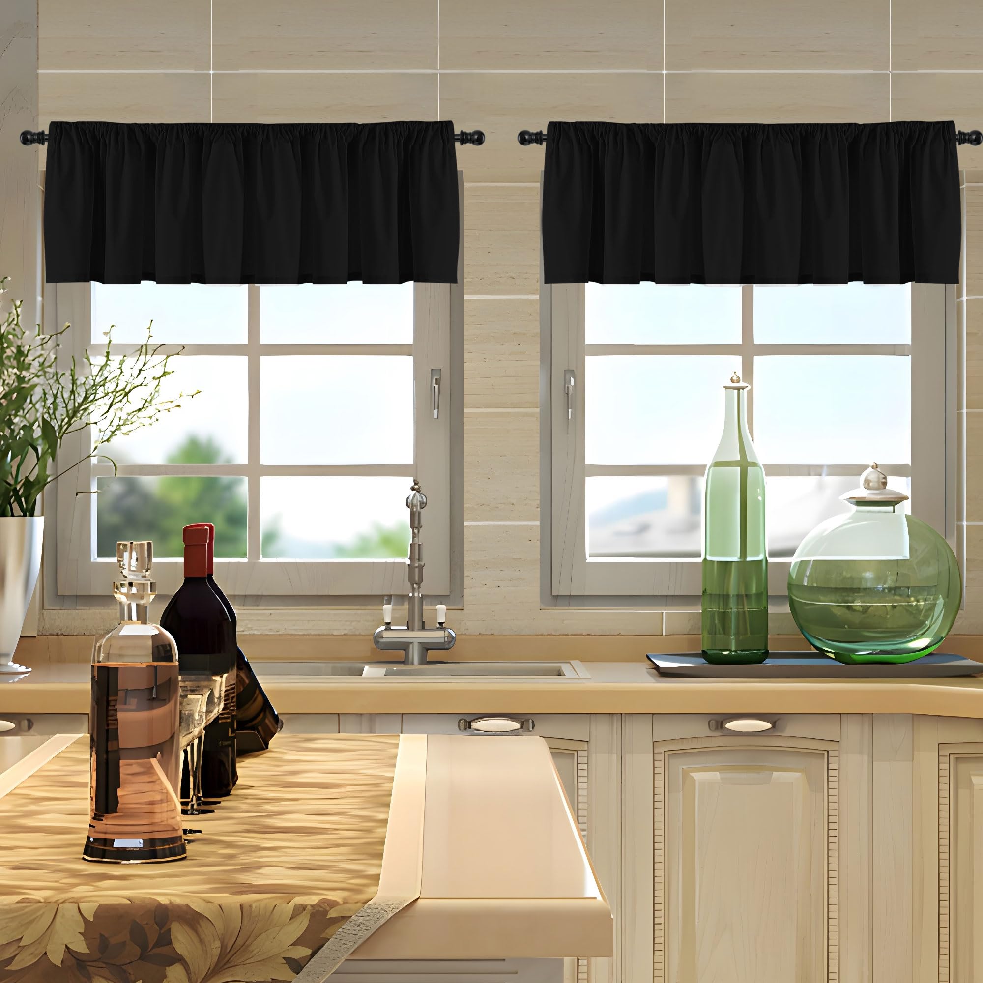 2 Panels Black Christmas Window Valances - 52x18 Inch Kitchen Short Curtains with Rod Pocket for Bathroom & Laundry Room Decor - Holiday Home Decoration for Windows, Doors and Festive Parties