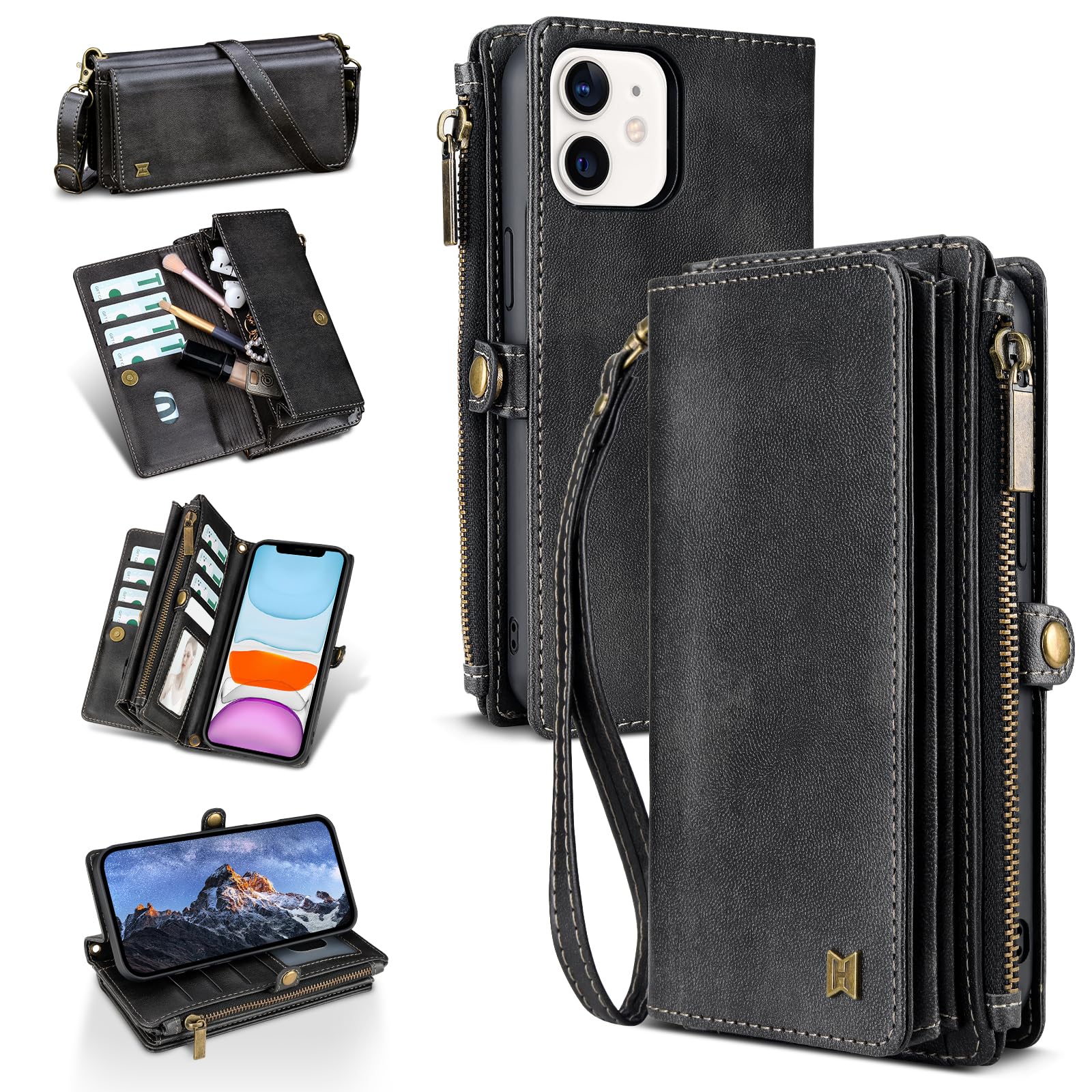 RFID Blocking PU Leather Wallet Case for iPhone 11 - Kickstand Flip Cover with Wrist Strap & Zipper Credit Card Slots - Compatible with Apple iPhone 11 (Black) | Perfect for Travel, Shopping & Everyday Protection
