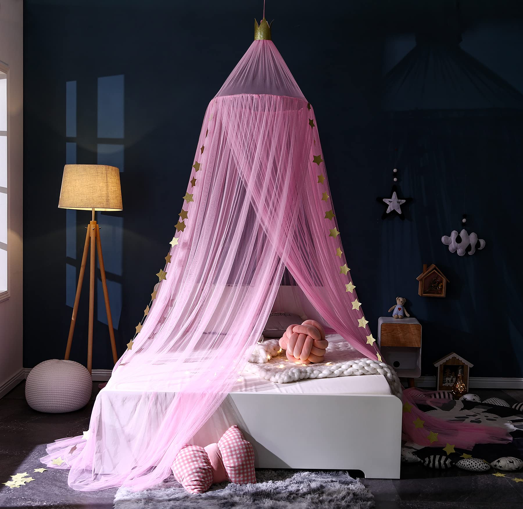 Mengersi Pink Princess Bed Canopy for Girls - Elegant Kids Room Decor & Bedroom Decoration - Perfect for Birthday Gifts, Sleepovers, and Creating a Dreamy Bedroom Atmosphere