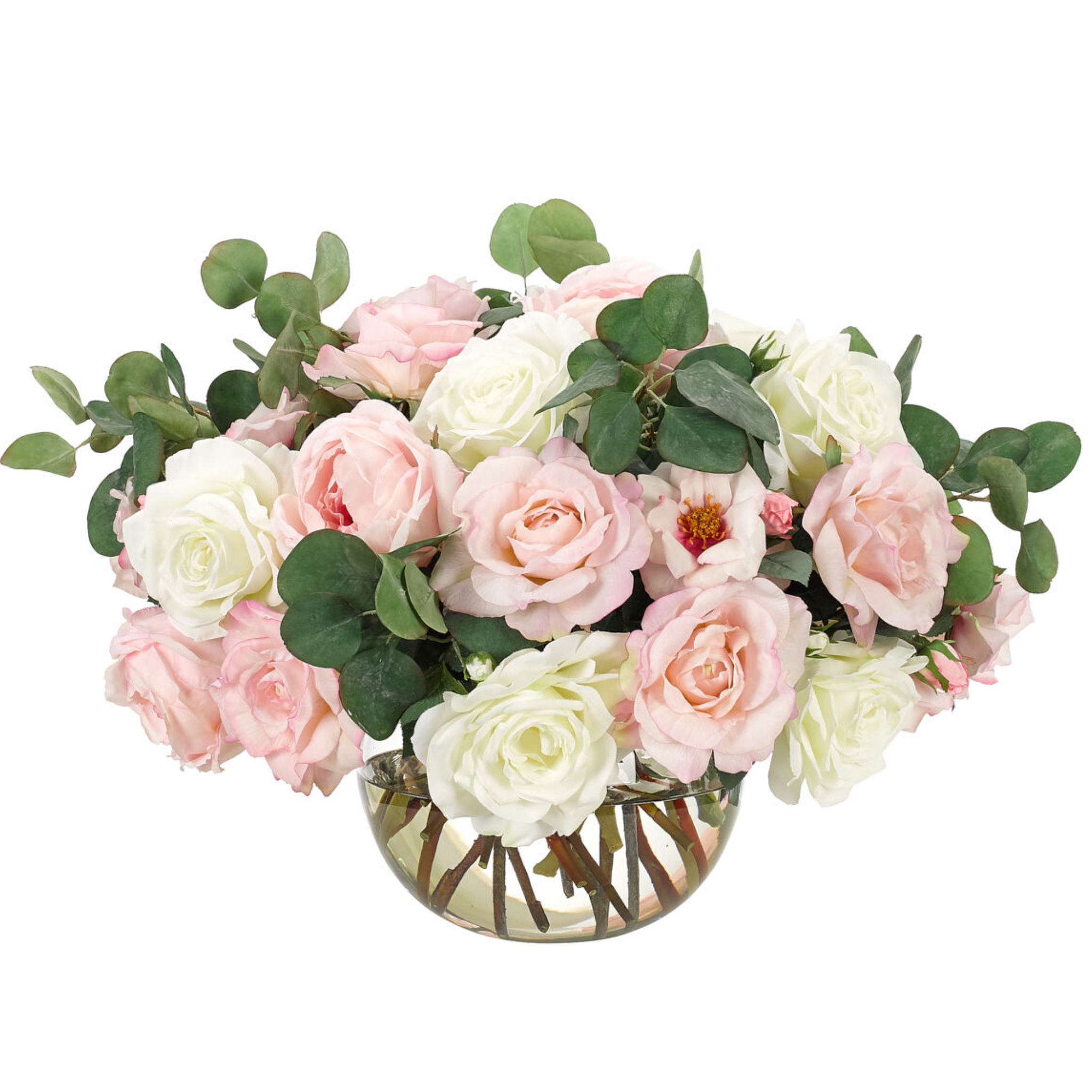 18 Faux Pink and White Roses in Glass Bubble Vase - Elegant Artificial Flower Arrangement for Home Decor, Wedding Centerpieces, and Tabletop Displays