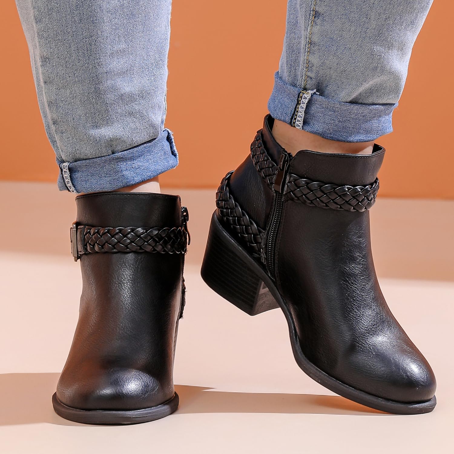 Luoika Women's Wide Width Ankle Boots - Black & Brown Block Heel Side Zipper Booties for Casual Outfits, Work & Fall Fashion