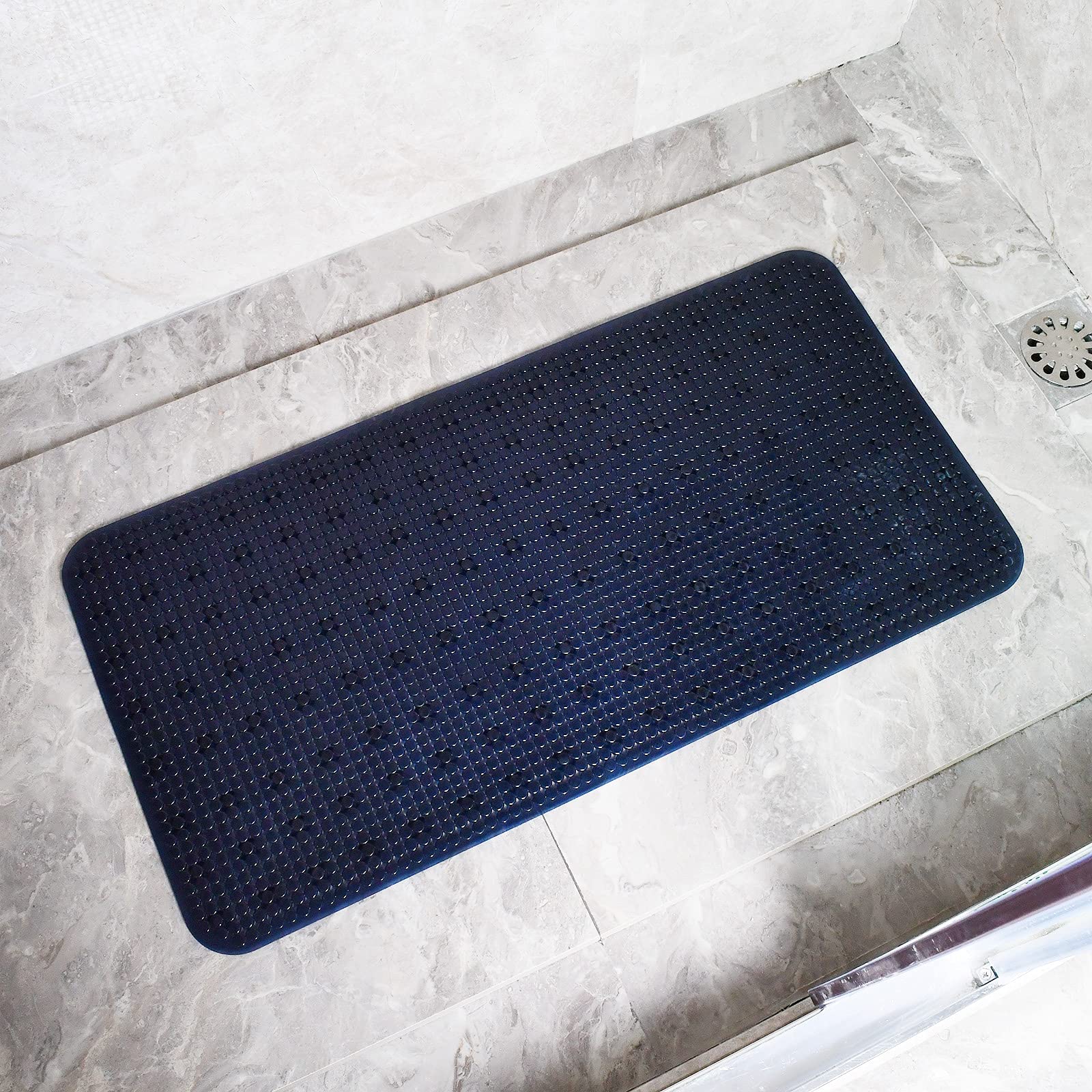 Non-Slip Bath Mat with Suction Cups & Drain Holes - PVC Shower Floor Mat for Bathroom, Bathtub - Machine Washable, Dark Blue (28x14 Inches) - Perfect for Elderly & Kids Safety, Anti-Fall Bathroom Accessory