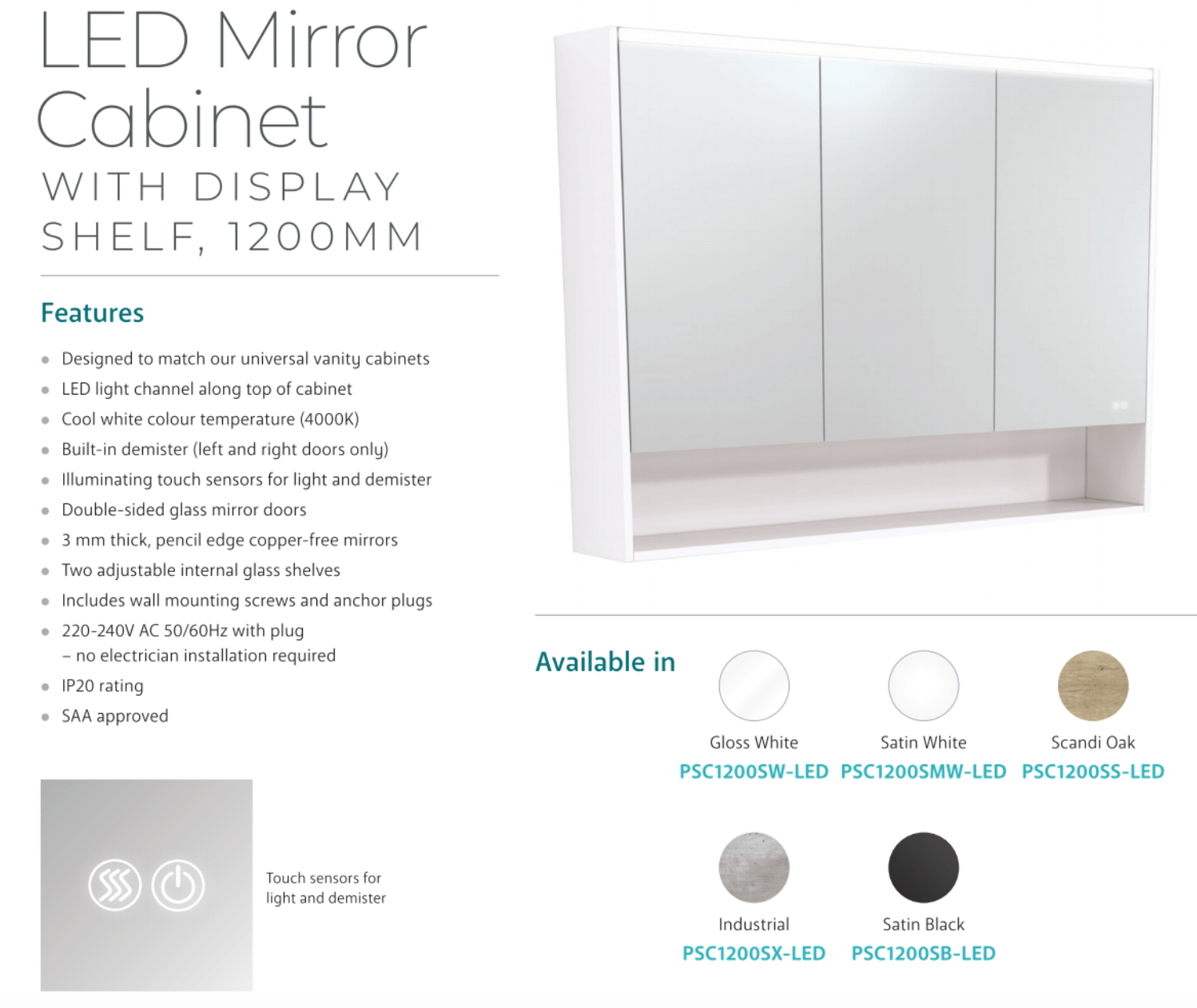 Fienza PSC1200SS 48-Inch LED Bathroom Mirror Cabinet with Undershelf Lighting - Modern Scandi Oak Finish - Perfect for Vanity, Makeup & Small Space Storage Solutions