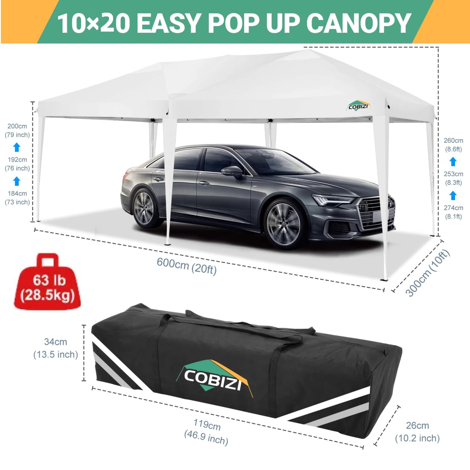 COBIZI 10x20 Pop Up Canopy Tent with 6 Sidewalls - Waterproof Outdoor Event Shelter, UPF 50+ Portable Gazebo for Beach, Camping, Weddings & Commercial Use - Instant Easy Setup White Canopy | Perfect for Parties, Picnics, Tailgating & Outdoor Markets