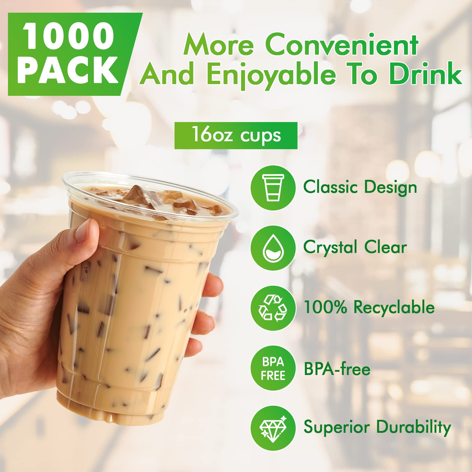 Lilymicky 1000 Pack 16 oz Clear Plastic Cups - PET Disposable Drinking Cups for Ice Coffee, Smoothie, Soda & Cold Beverages - Crystal Clear Party Cups for Picnics, BBQs, Restaurants & Events