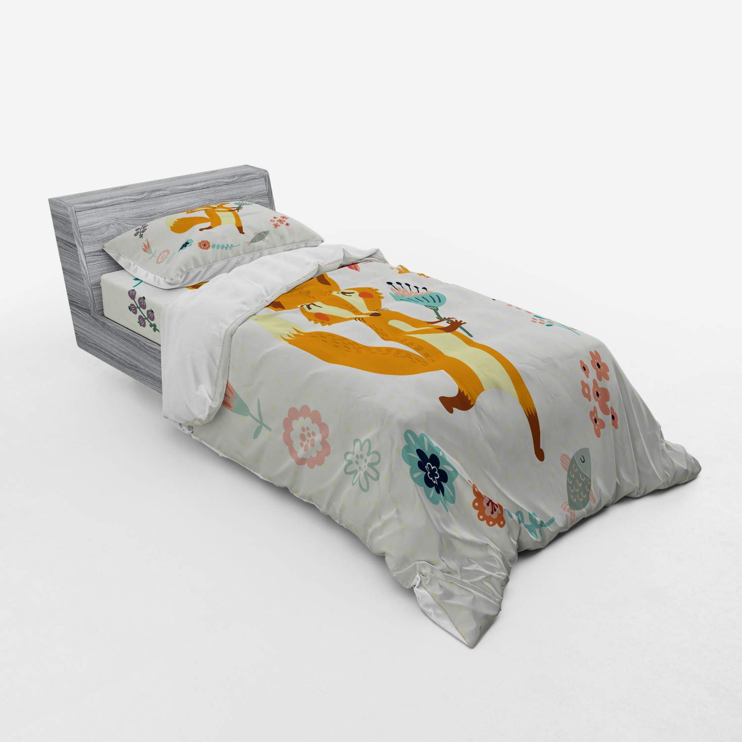 Ambesonne Cartoon Animal Floral Leaves Fish Duvet Cover Set - 3 Piece Twin XL Bedding with Sham & Fitted Sheet in Eggshell Coral Almond Green Peach - Perfect for Kids' Rooms, Guest Bedrooms & Dorm Decor